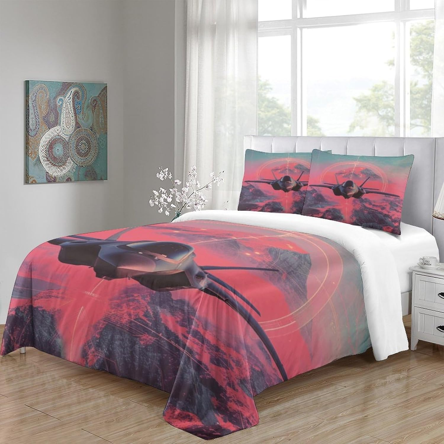 3Pcs Aeroplane 3D Printed Duvet Cover Set Microfiber Boys Girls Bedding Comforter Quilt Cover with Pillowcases Comforter Cover with Zipper,Queen（210X210Cm）