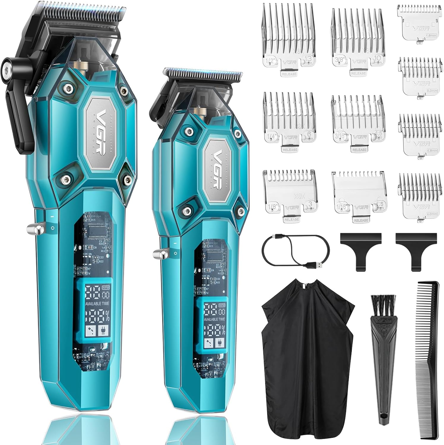 VGR Professional Hair Clippers for Men, Cordless Barber Clippers and Trimmers Set, Mens Hair Cutting Kit with 10 Guide Combs, USB Rechargeable Haircut Machine for Family, LED Display, Gold