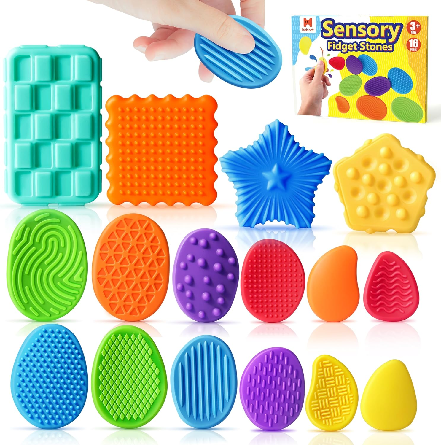 Sensory Fidget Toys for Kids Adults: 16 Pack Textured Silicone Worry Stones for Anxiety Relief, Sensory Stress Toy for Autism Kids Calming, Quiet Small Fidgets for Classroom Prizes image number 5