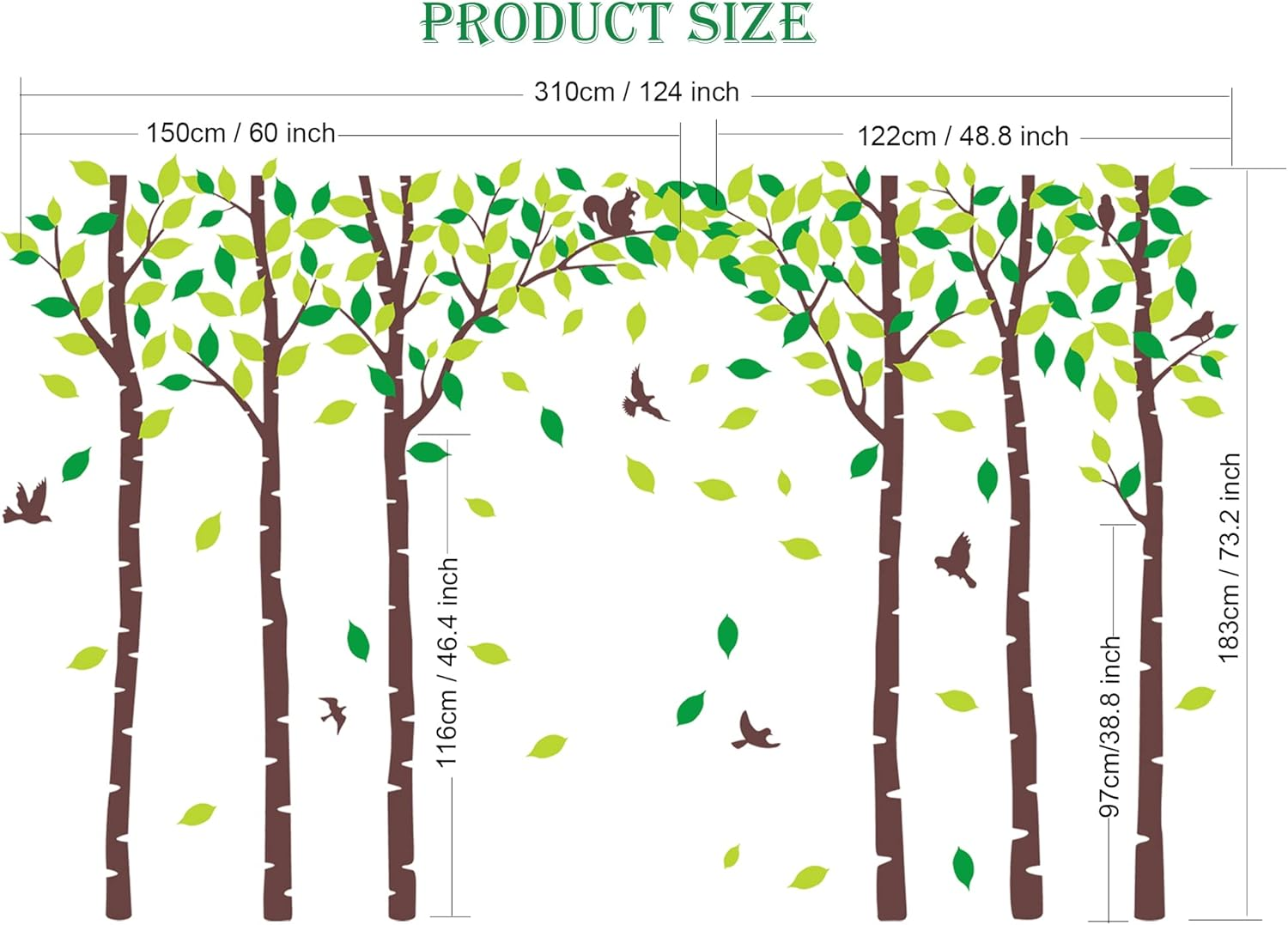 Six Birch Tree Wall Decals Birds Cute Squirrel Forest Wall Stickers for Kids Room Nursery Bedroom Living Room Classroom Decoration (Brown,Green) image number 1