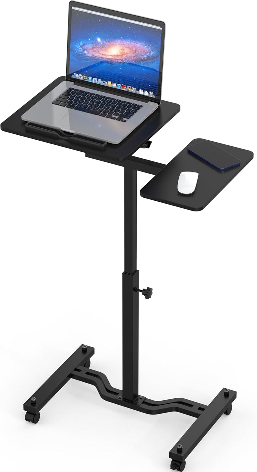 SHW Height Adjustable Tim Rolling Laptop Cart with Tilting Desktop and Side Shelf, 73 to 103.9 Cm, Black image number 4