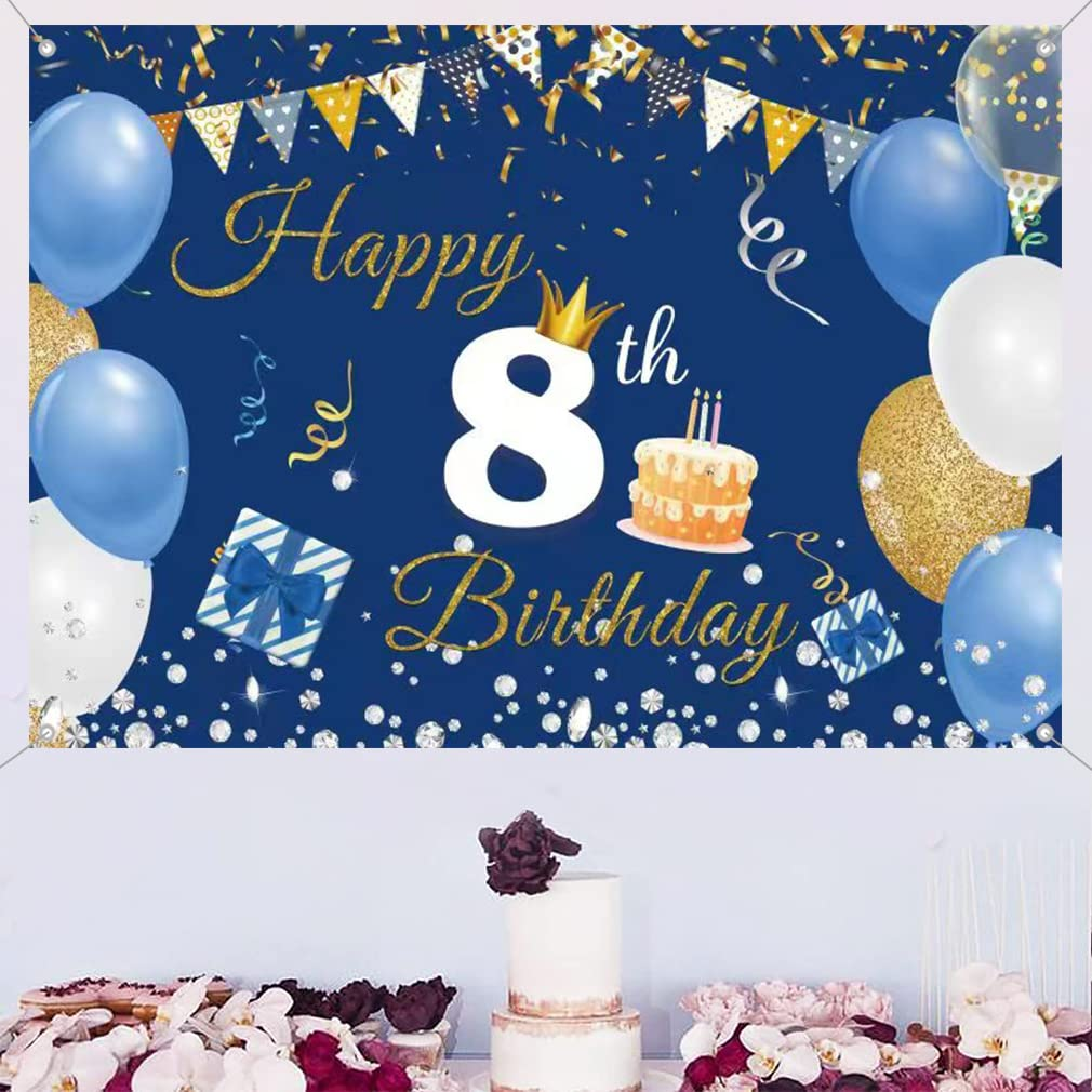 8Th Birthday Decorations for Boy/Girl, 8 Years Old Backdrop Banner Fabric Sign Poster, Happy 8Th Birthday Party Supplies Blue Photography Background Welcome Sign, 150Cm X 90Cm image number 4
