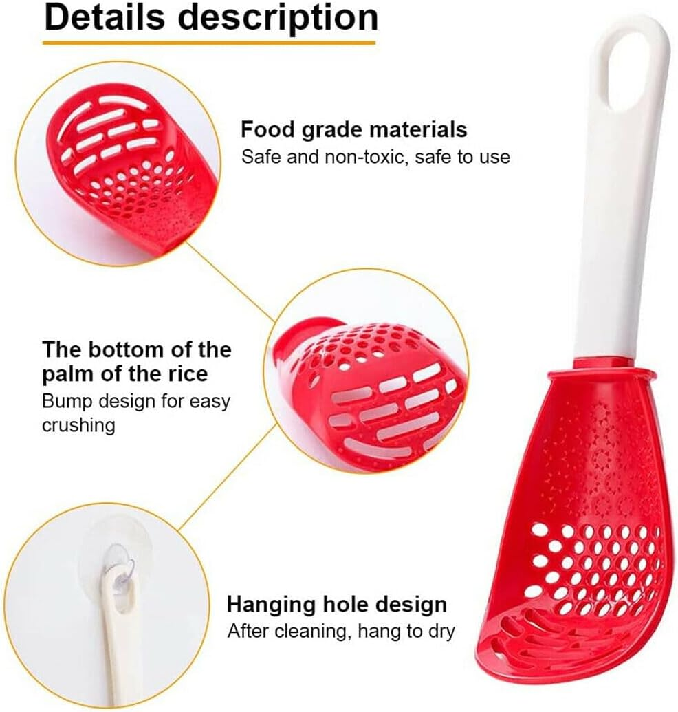 Leona Co 2Pcs Multifunctional Kitchen Cooking Spoon, Slotted Spoon for Cooking Strainer Spoon, All in One Garlic Press Grinder Kitchen Spoons for Mashing Draining (Black&Red) image number 4