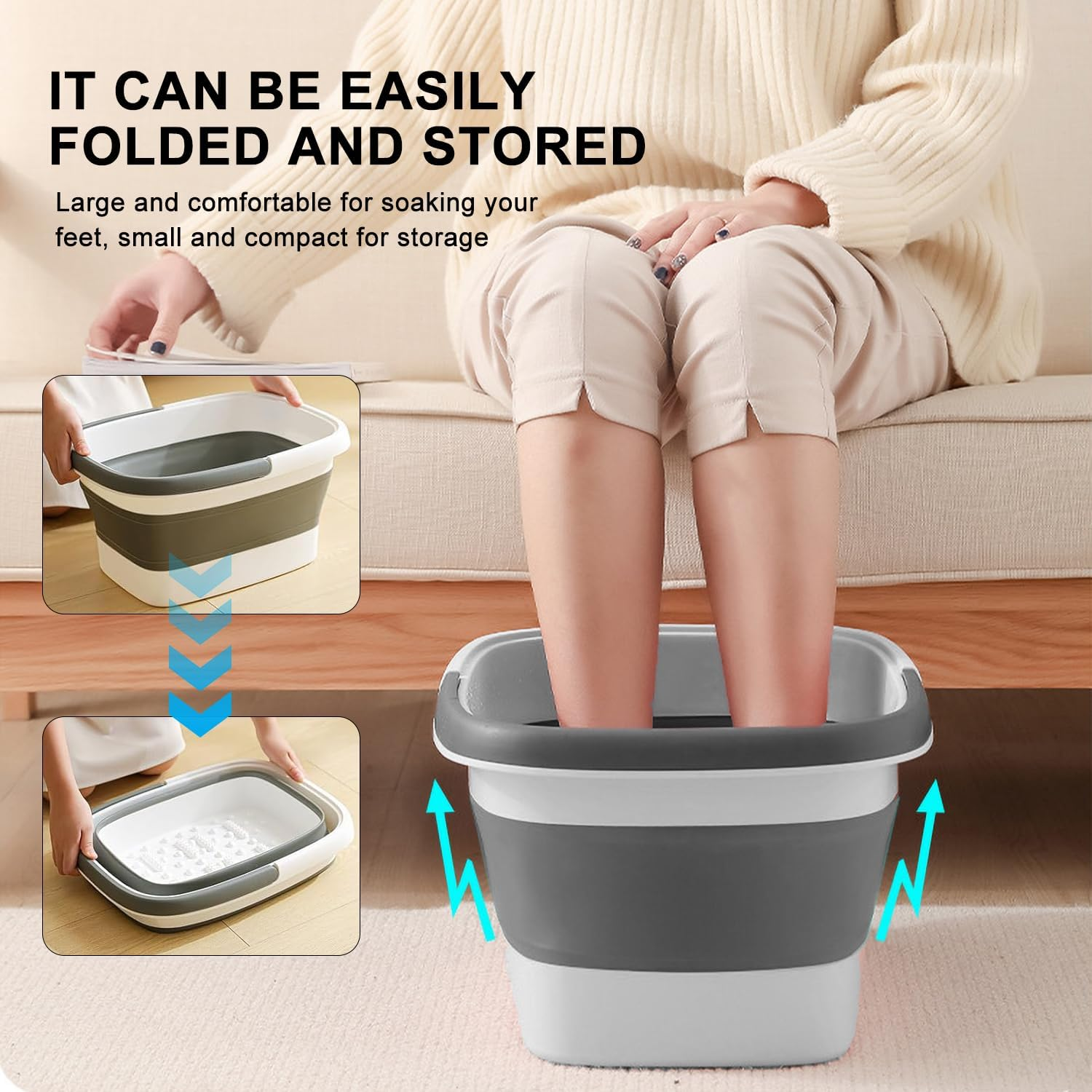 Collapsible Foot Bath Basin for Soaking Feet, Foot Soak Tub with Handle,Foldable Foot Bath with Foot Massaging Acupoints to Help Sleep 15L/4 Gallons Massager Foot Soaking Basin Feet (Grey) - Grey image number 3
