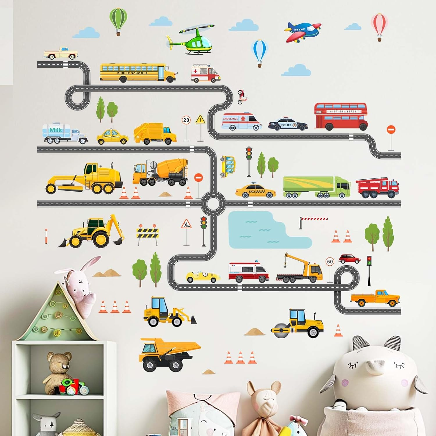 Large Construction Vehicles Car Wall Stickers - Trucks Excavator Tractor Wall Decals - Kids Boys Bedroom Playroom Daycare Wall Decor image number 1