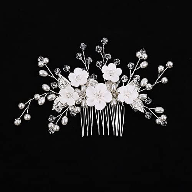 Resweky Bride Wedding Flower Hair Comb Pearl Bridal Hair Side Comb Pieces Bridal Hair Accessories for Women and Girls (Silver) image number 3