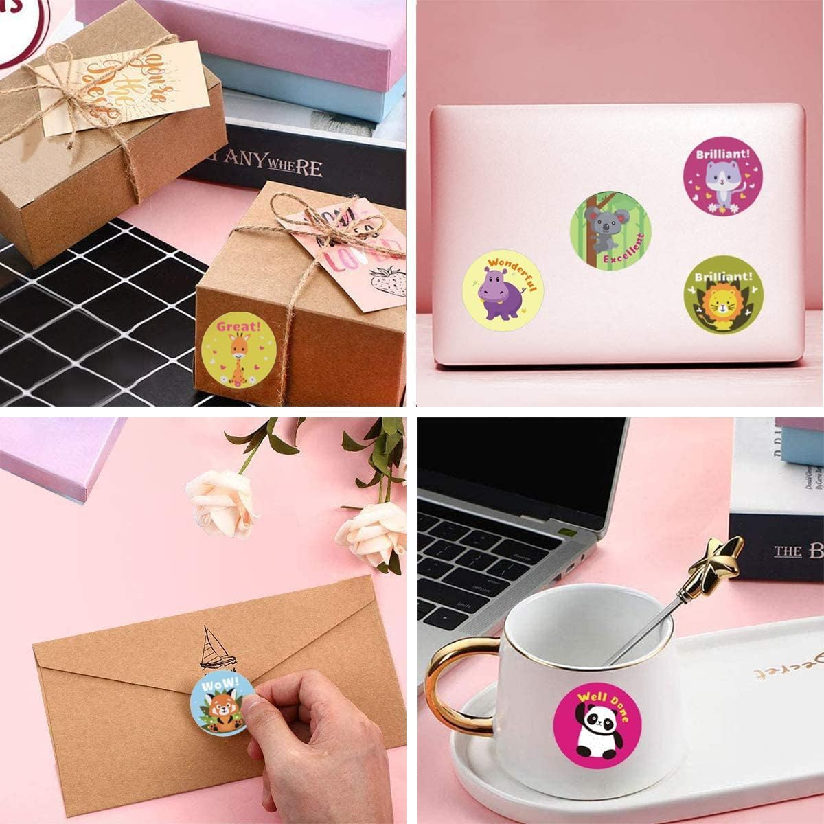 2000Pcs Motivational Reward Stickers for Kids, 4 Rolls 1 Inch round Cartoon Animals Praise Stickers,Motivational Teacher Supplies for Classroom image number 2