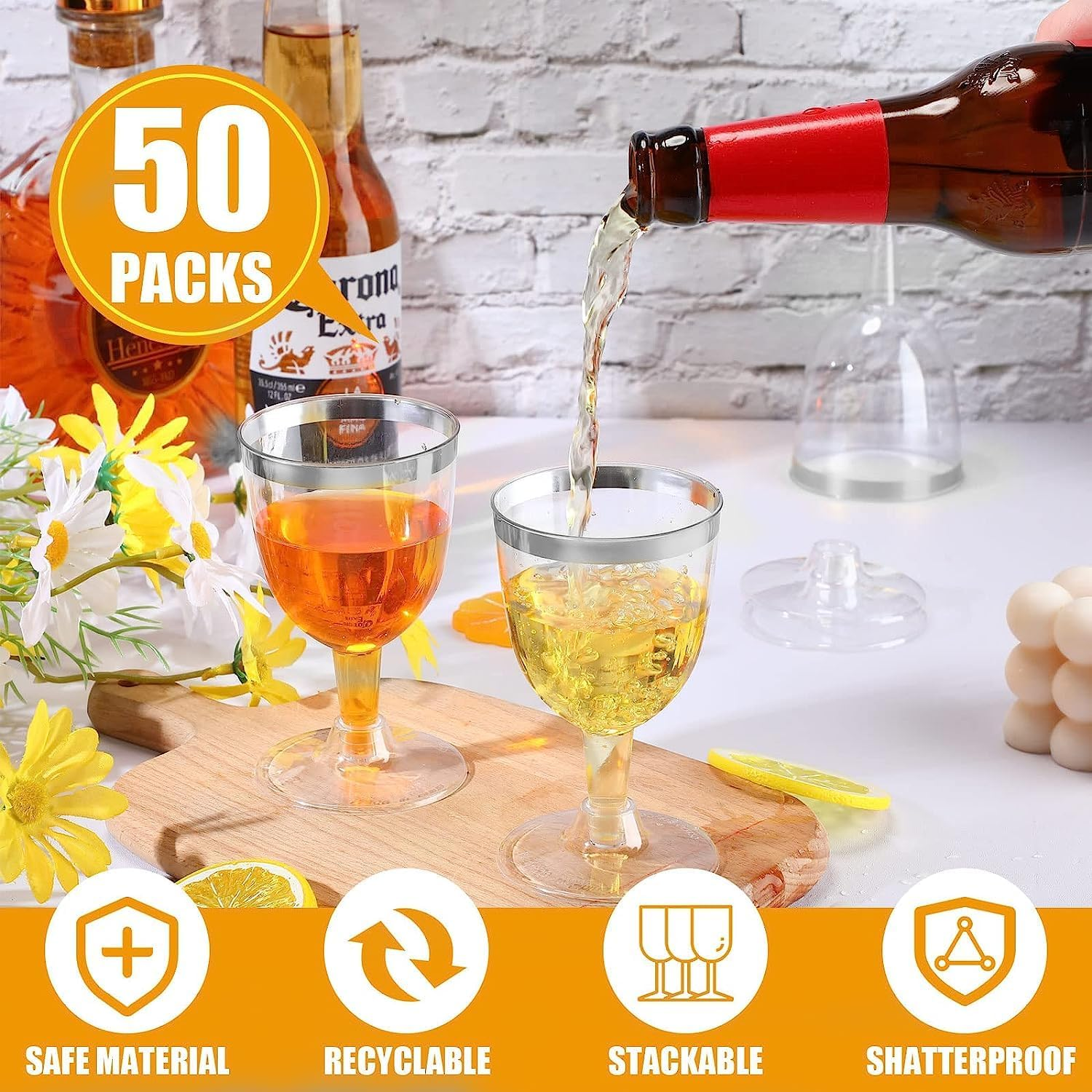 Latern Pack of 50 Wine Glasses with Silver Rim, 170 Ml Plastic Wine Glasses Reusable Party Wine Cups with Stem for Drinks Whisky Champagne Beer Cocktail Martini (13.5 X 6.5 Cm) - Transparent image number 3