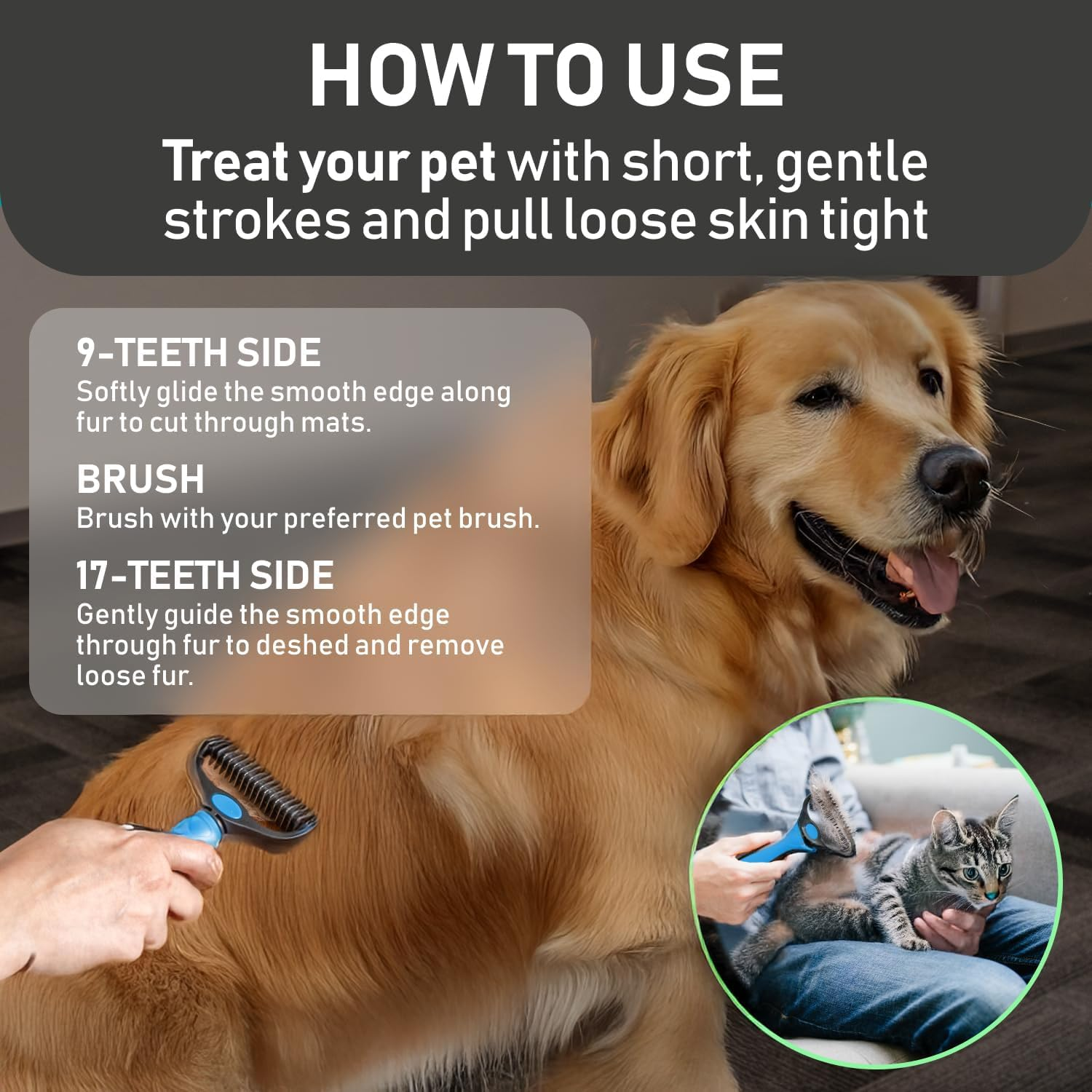 Deshedding Dog Brush, Dematting Comb for Cat and Dog, Pet Grooming Brush and Rake for Small, Medium Large Dogs Double Sided Deshedding Tool Removes Knots & Tangled Hair image number 4