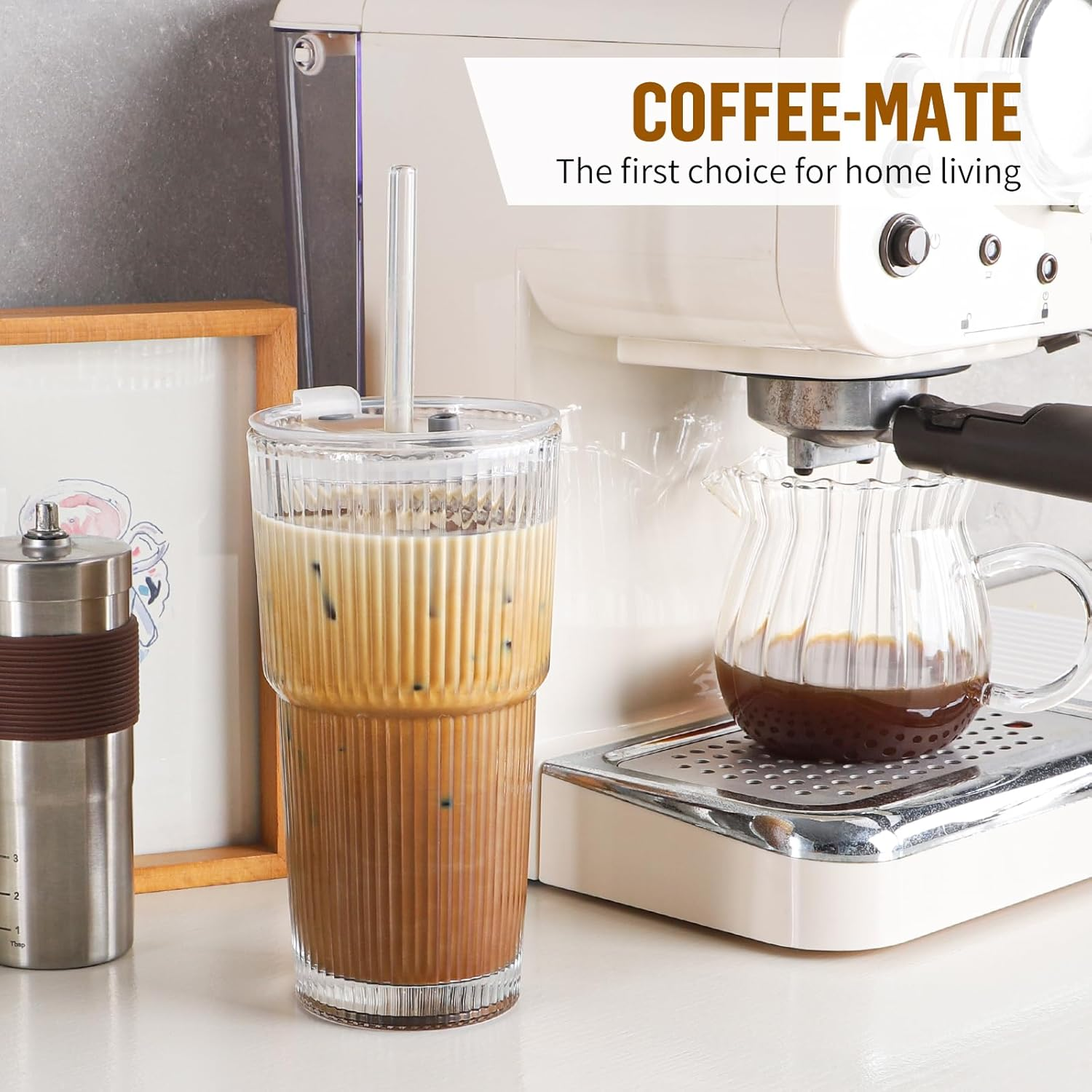 20 Oz Ribbed Glass Cup with Lid and Straw, Glass Tumbler with Straw and Lid, Vintage Glassware for Whiskey Cocktail Beer, Iced Coffee Cups with Lid (1 Pack)