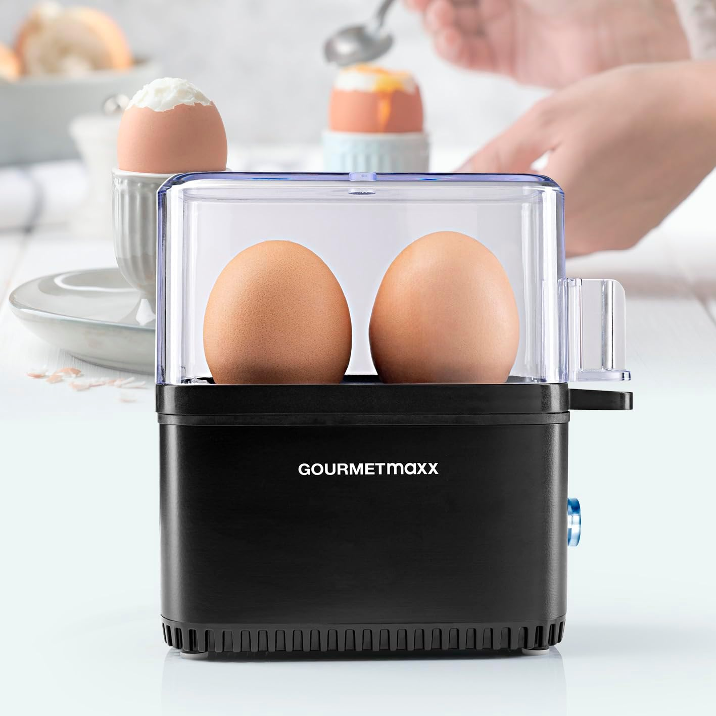 Gourmetmaxx Design Egg Cooker for 2 Eggs, with Egg Picker, Measuring Cup and Signal Sound, Compact Egg Cooker, 3 Degrees of Hardness, Easy Cleaning and Dishwasher Safe Parts image number 5