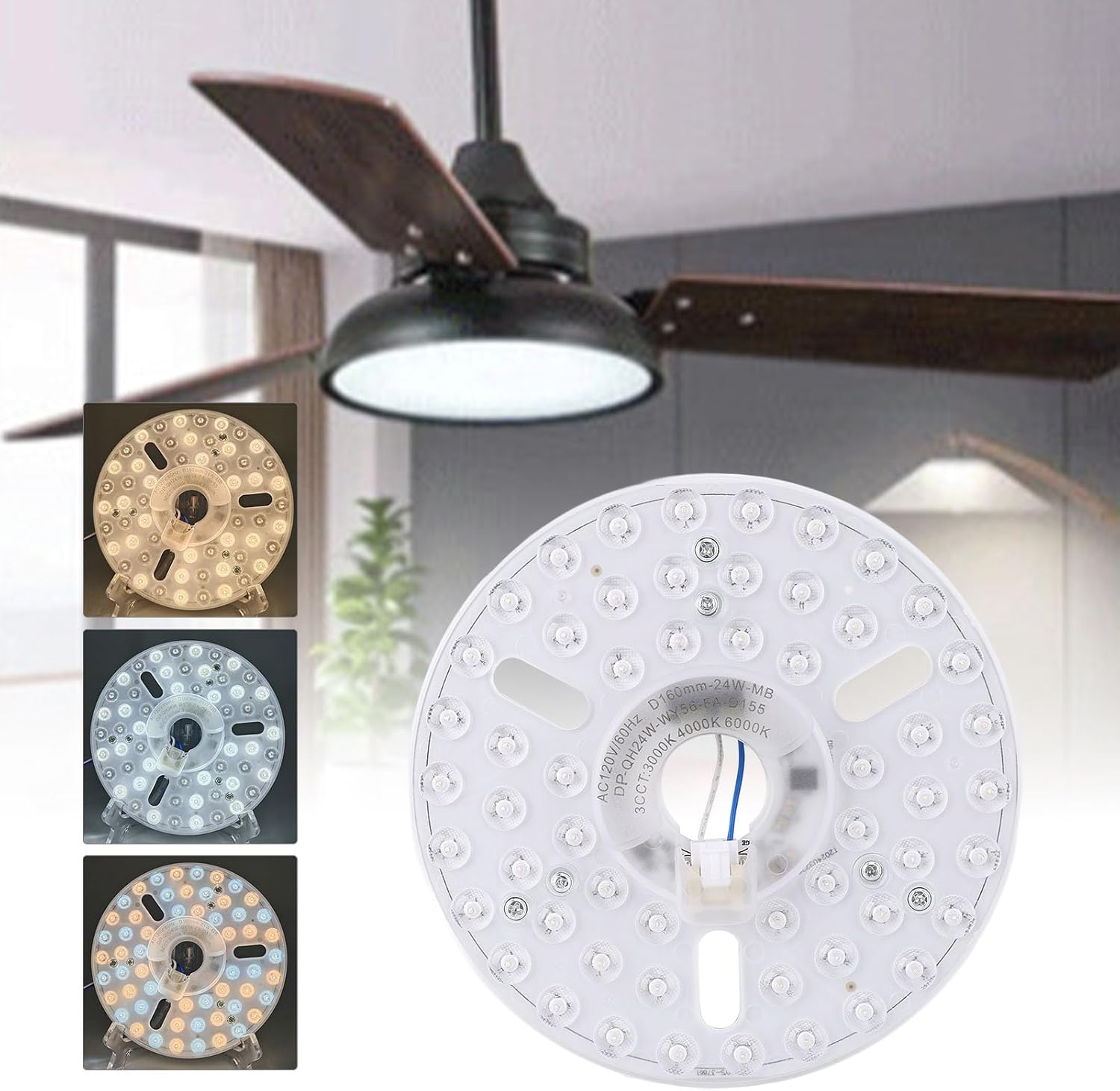 6.3 Inch LED Ceiling Fan Light Retrofit Kit, 24W 3CCT 3000K 4000K 6000K Dimmable round Ceiling Light, Replacement Ceiling Fans with Lights for Bedroom Living Room Dining Room (230) image number 4