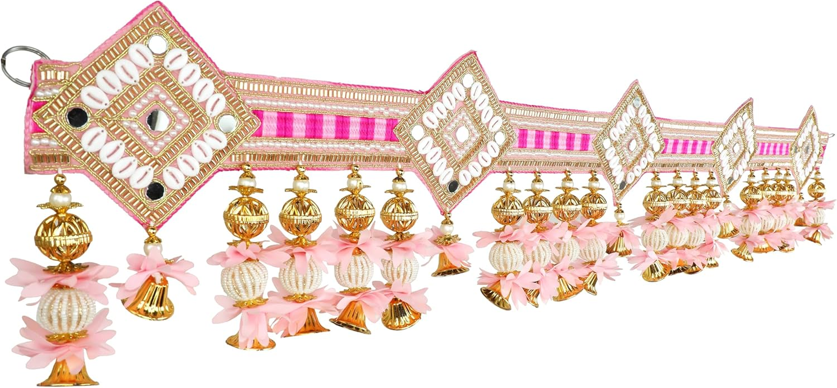 Decorative Toran Door Hanging Artificial Velvet Cloth Bandanwar Beads Wall Toran Wall Hanging for Main Door Entrance Window Home Temple Living Room Valance (Size:-35"X6")(Pink) - Yellow Flower image number 5