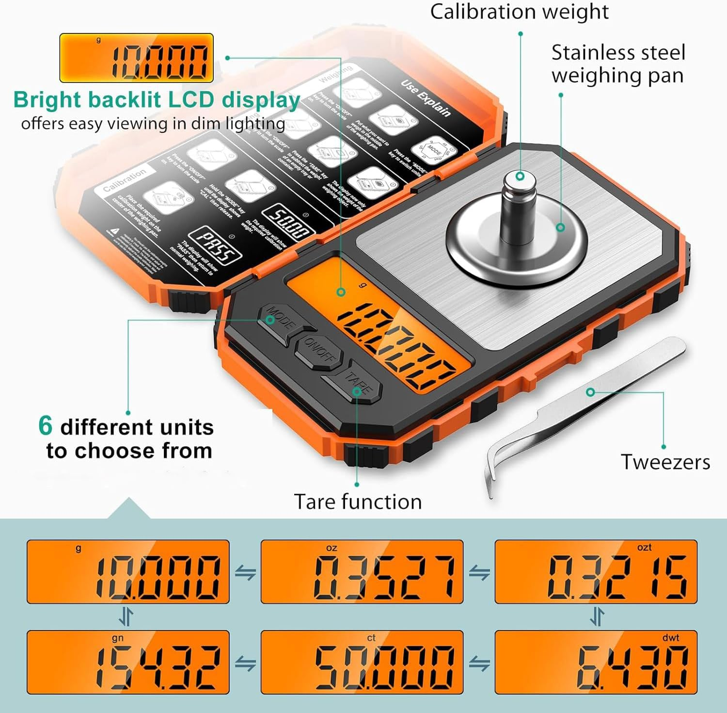 ORIA Digital Pocket Scale, 50G/0.001G Professional Milligram Scale, Portable Kitchen Scale with 6 Units, Calibration Weight, Backlight, Tare Function, Mini Scale for Food,Tablets, Jewelry -Orange - Blue image number 4