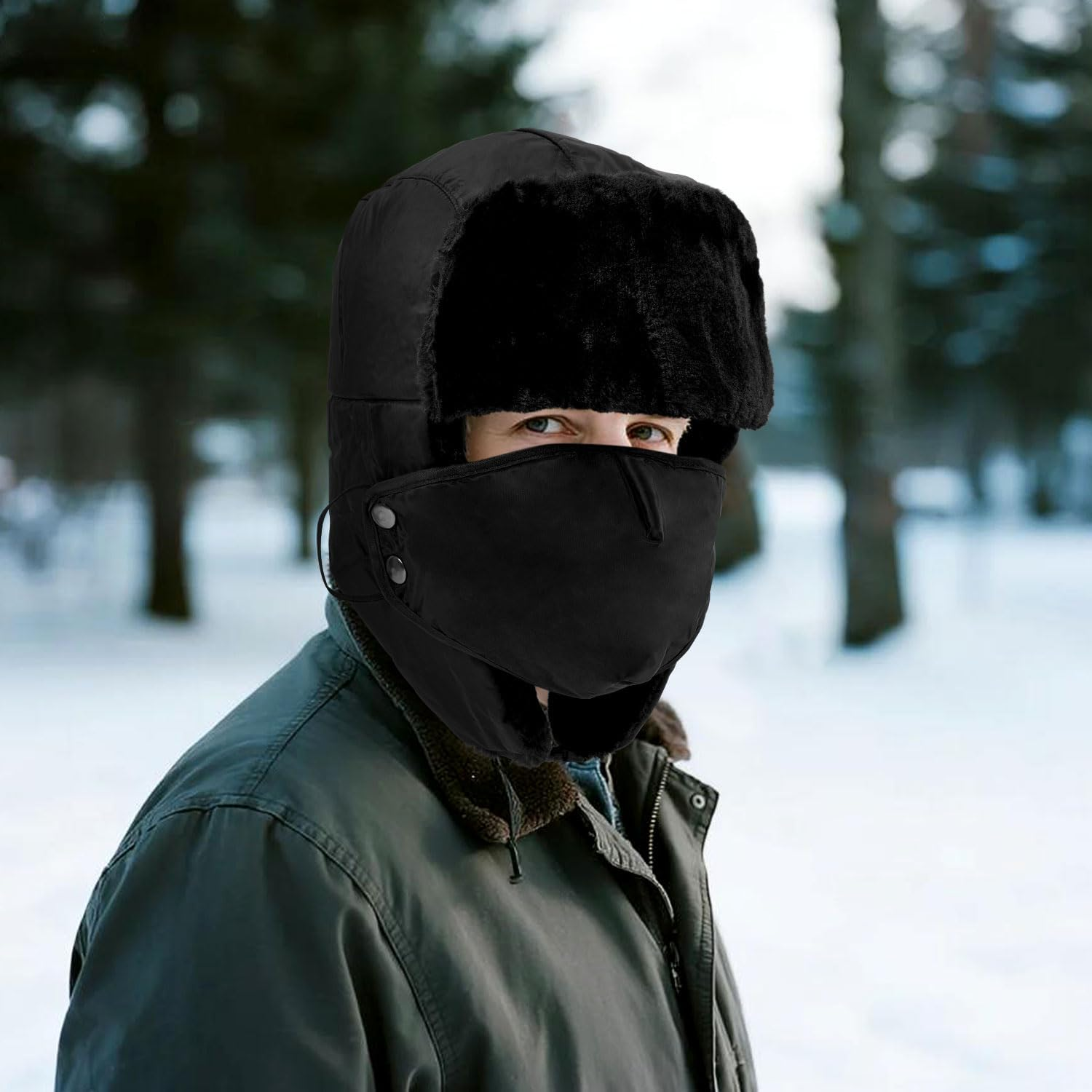 Trapper Hat Unisex Adult, Faux Fur Winter Warmer Windproof Bomber Hat, Russian Hat with Ear Flaps and Mask for Skating, Skiing, Hunting or Daily Use, Winter Hats for Men Women Black image number 4