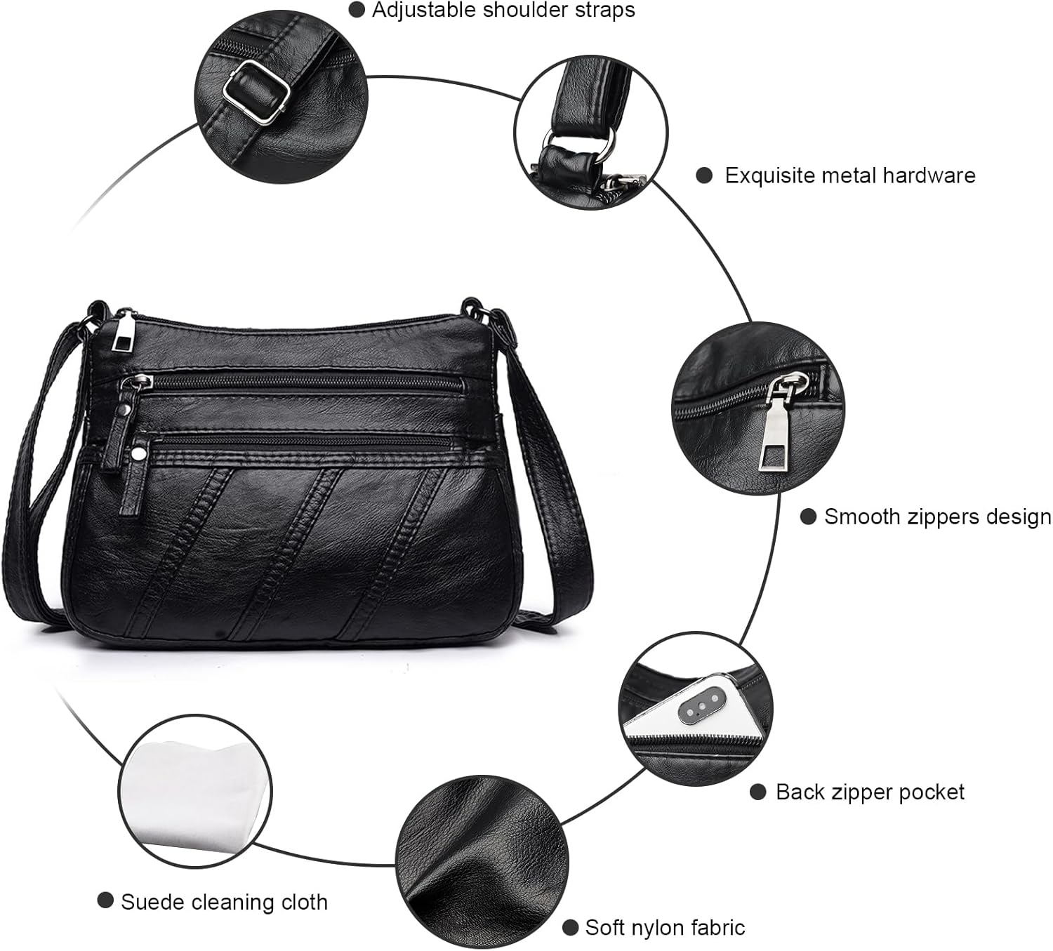 WITERY Small Crossboby Shoulder Bag for Women - Soft PU Leather Multi-Pocket Shoulder Handbags Pocketbooks Medium Purses - Black Style 2 image number 3