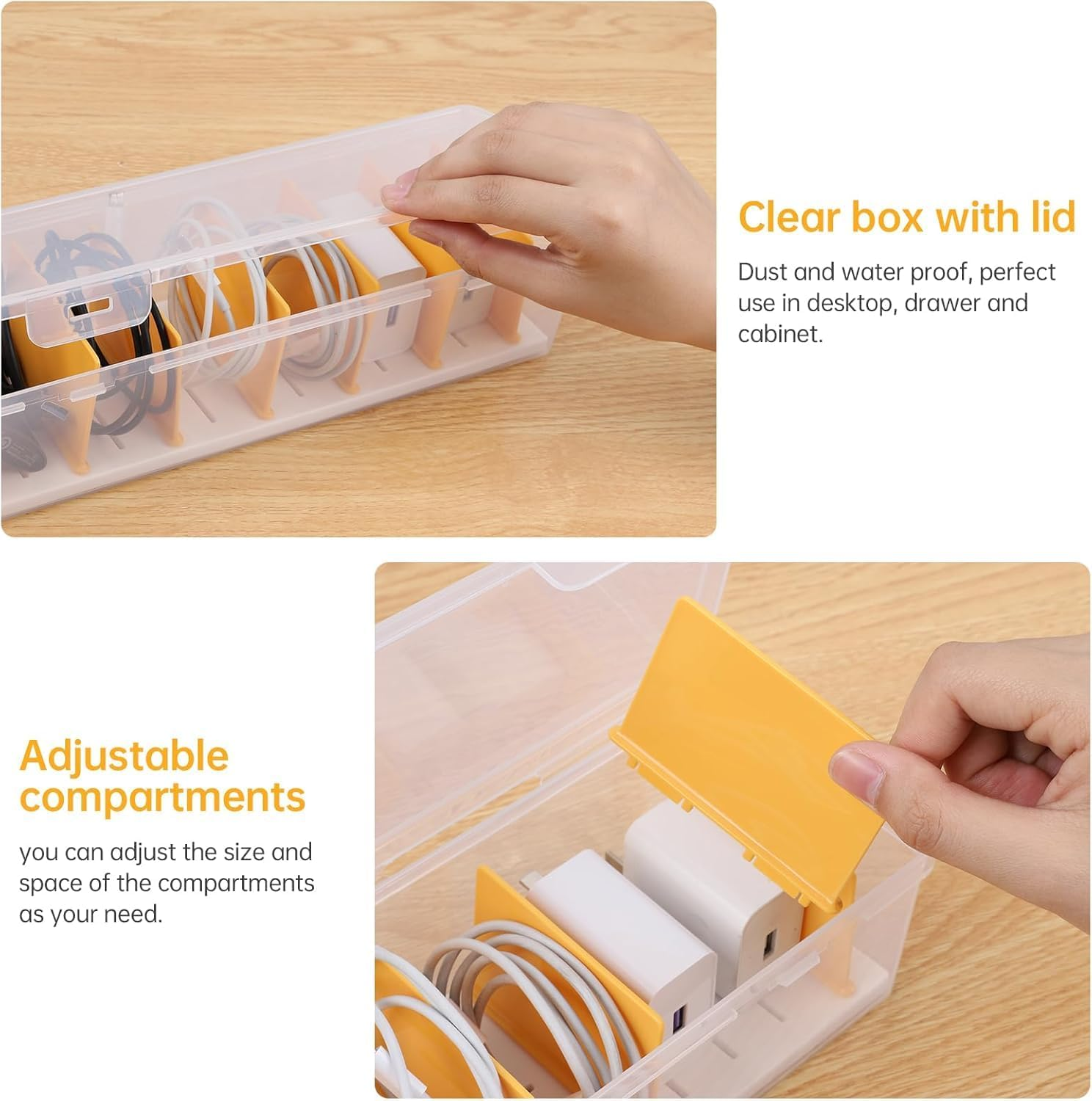 Clear Cable Organizer Box with Lid, Stackable Storage Container for Chargers and Cords, Office Desk Accessories (2) image number 6