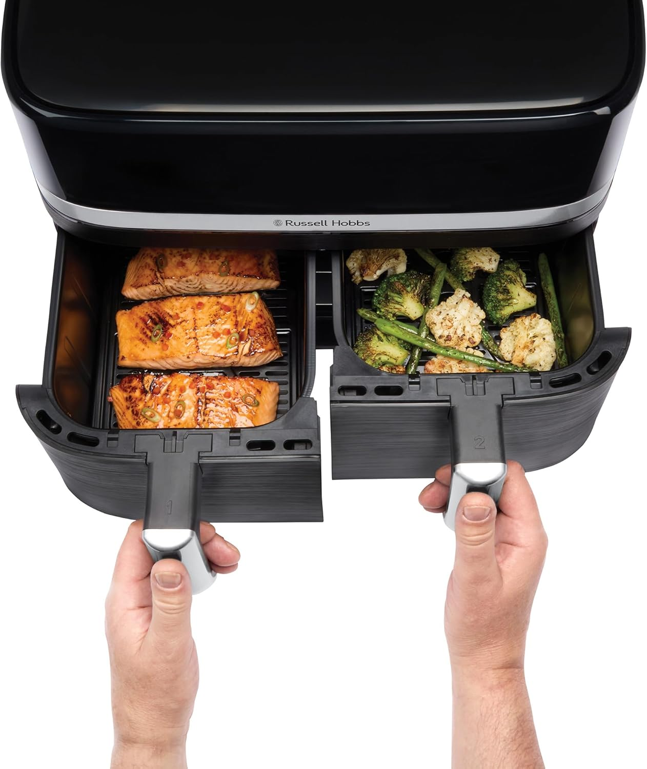 Russell Hobbs Satisfry 9L Dual Basket Air Fryer, RHAF2768SIL, Dual Baskets, Sync & Match Functions, Digital Touch Screen, 9 Pre-Set Functions, Silver