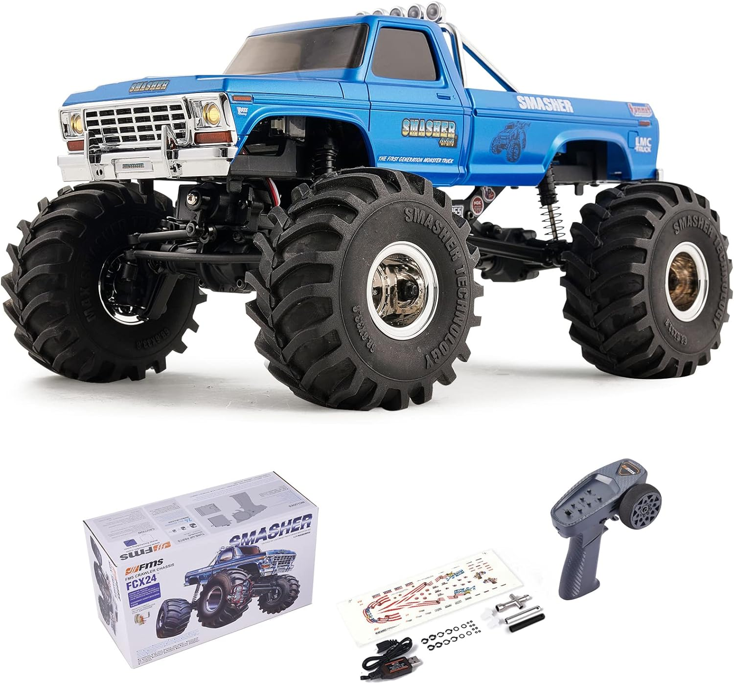 WOWRC FMS 1/24 Smasher Monster RC Crawlers - FCX24 RC Truck 8Km/H 2 Speed Transmission for Adults, 2.4Ghz Remote Control Car RTR with USB Charger, Blue image number 3