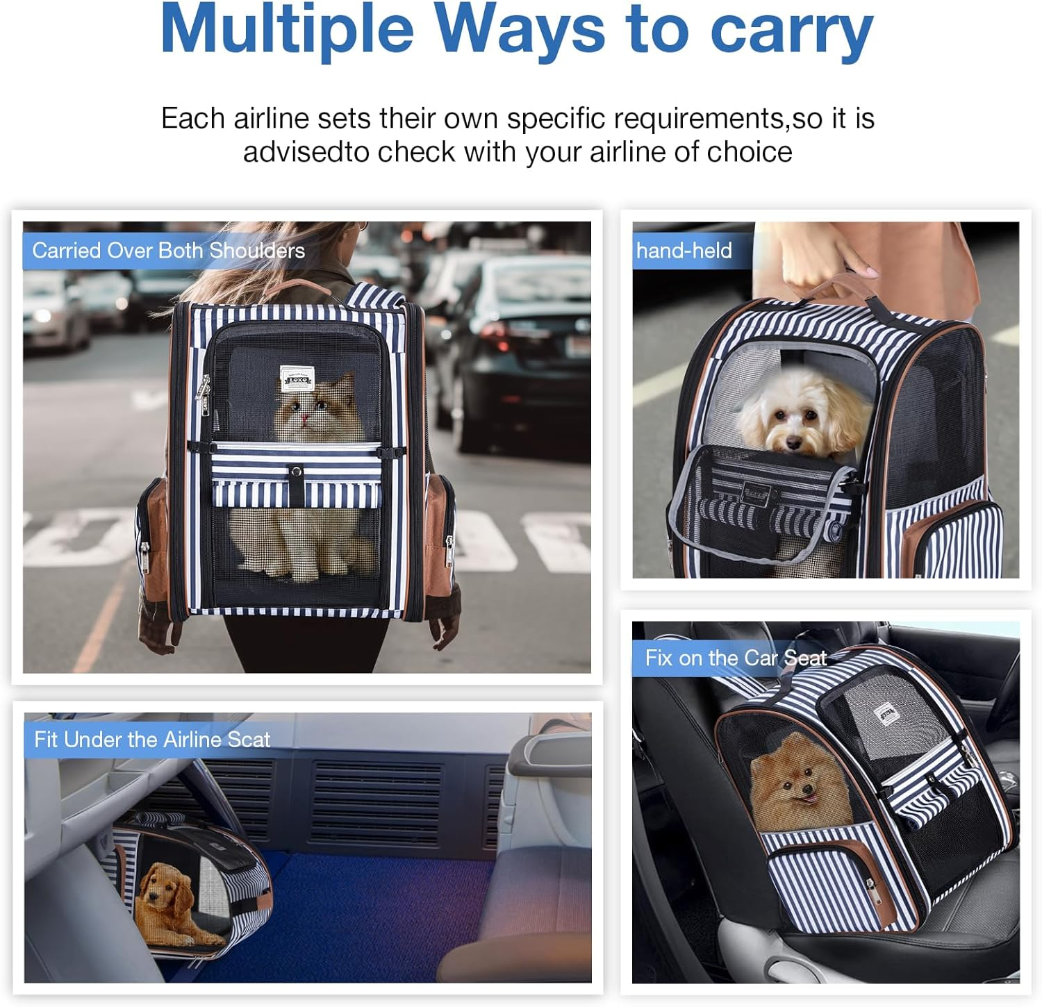 Lekespring Extra Large Cat Backpack Carrier Expandable Pet Carrier Backpack for Small Dogs Medium Cats Fit up to 12 Kg for Travel, Hiking, Blue Striped image number 5