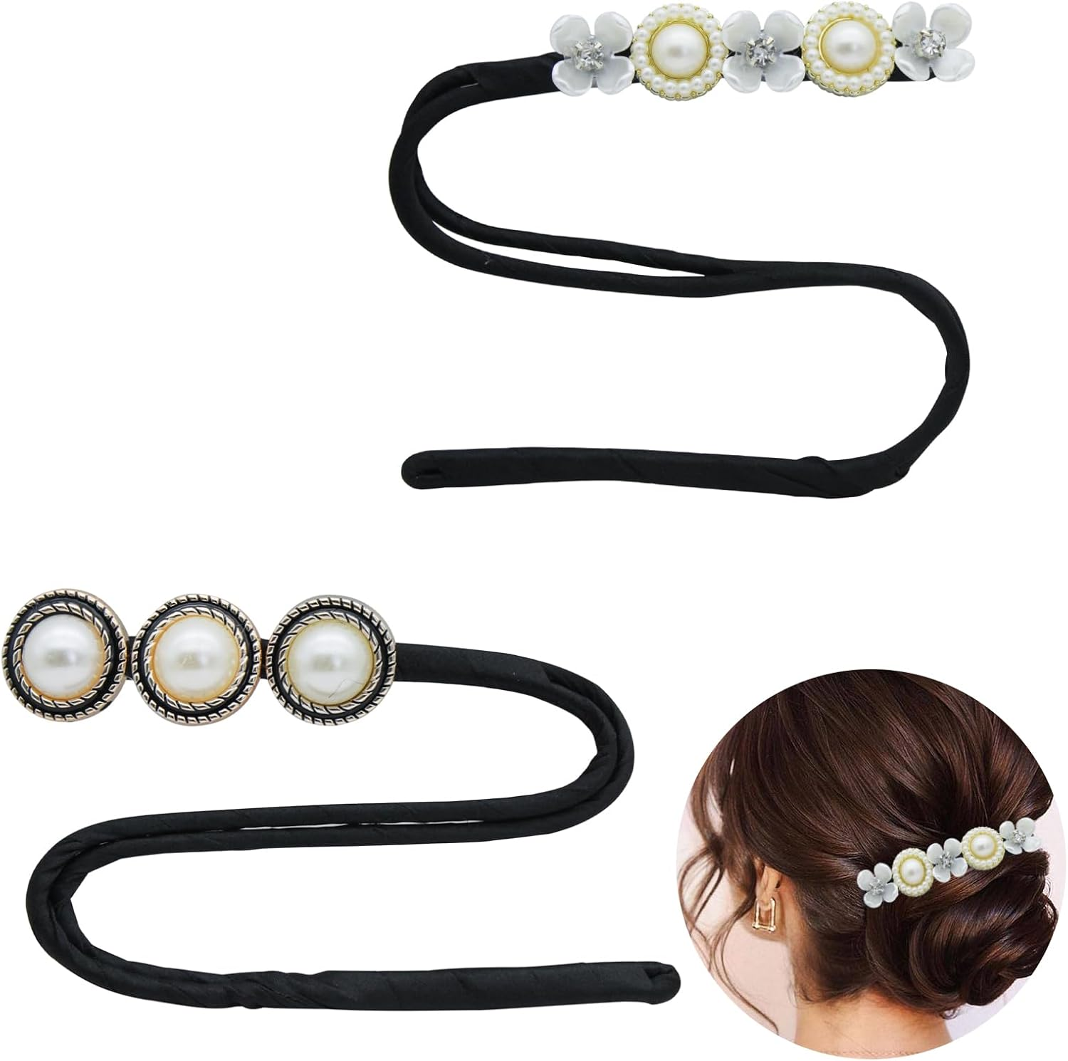 Andiker Bun Maker, Pack of 2 Hair Bun Maker, Flexible Hair Bun Shaper with Beads, Magic Hair Bun Maker with Built-In Metal Band for Women DIY Hair Styling (A) image number 3