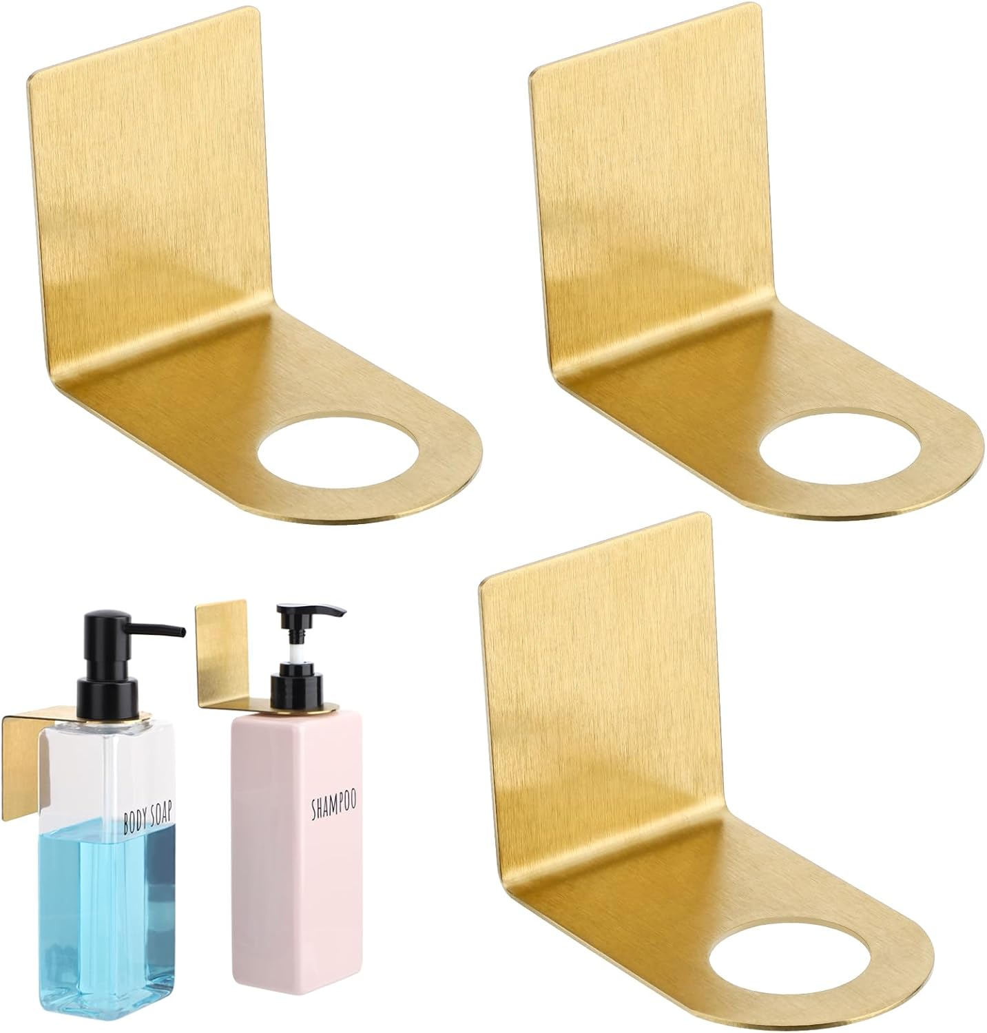 Segbeauty Stainless Soap Bottle Dispenser Holder, Pack of 3, Dia 1.1In/2.8Cm, Drill-Free, Adhesive Wall Mount, Gold