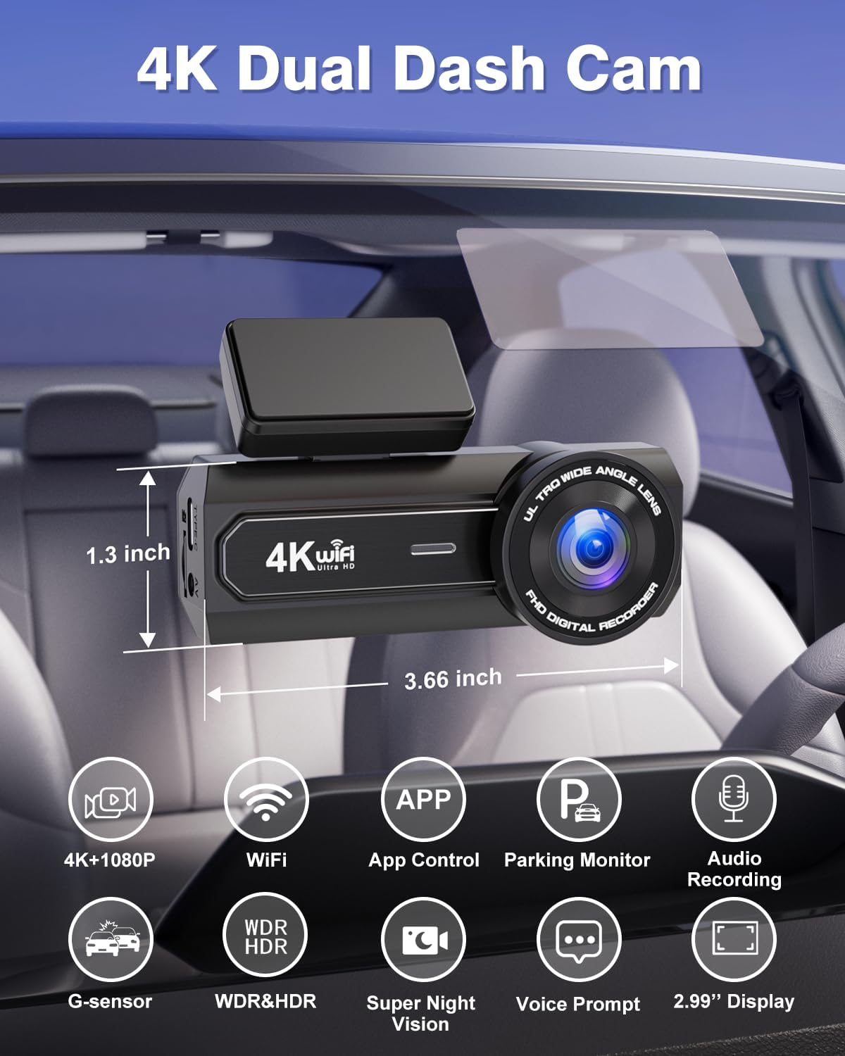 4K+1080P Dash Cam Front and Rear CHORTAU, Wifi Dual Dash Cam with Free 64GB Card, 2.99&rsquo;&rsquo; IPS Dash Camera for Cars, Dashboard Camera with Night Vision, 24/7 Parking Monitor, WDR, APP image number 5