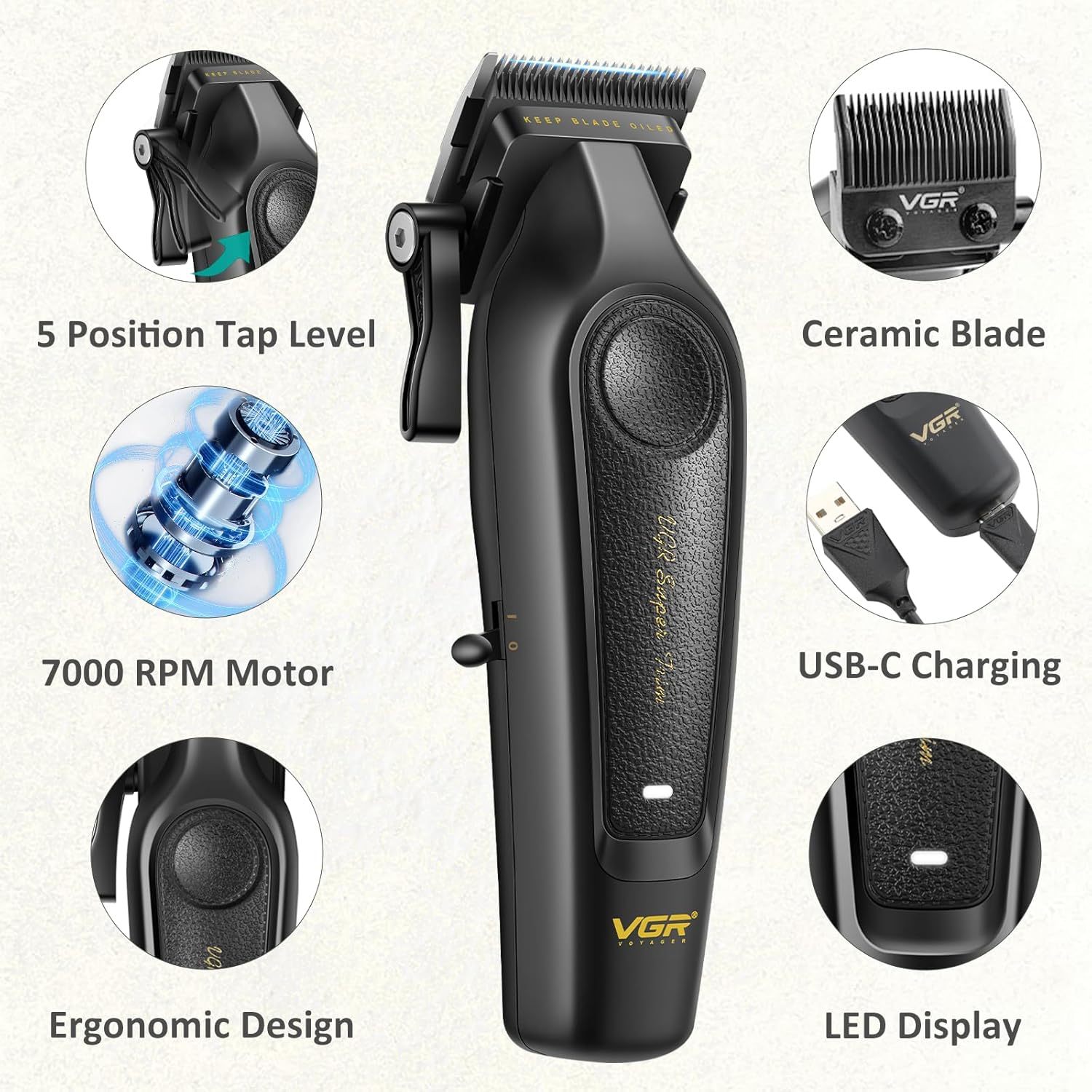 VGR 197 Professional Hair Clippers for Men, Cordless & Corded Barber Clippers with Ceramic Stainless Steel Blades, LED Indicator, Hair Cutting Kit with 6 Guide Combs & Grooming Accessories image number 6