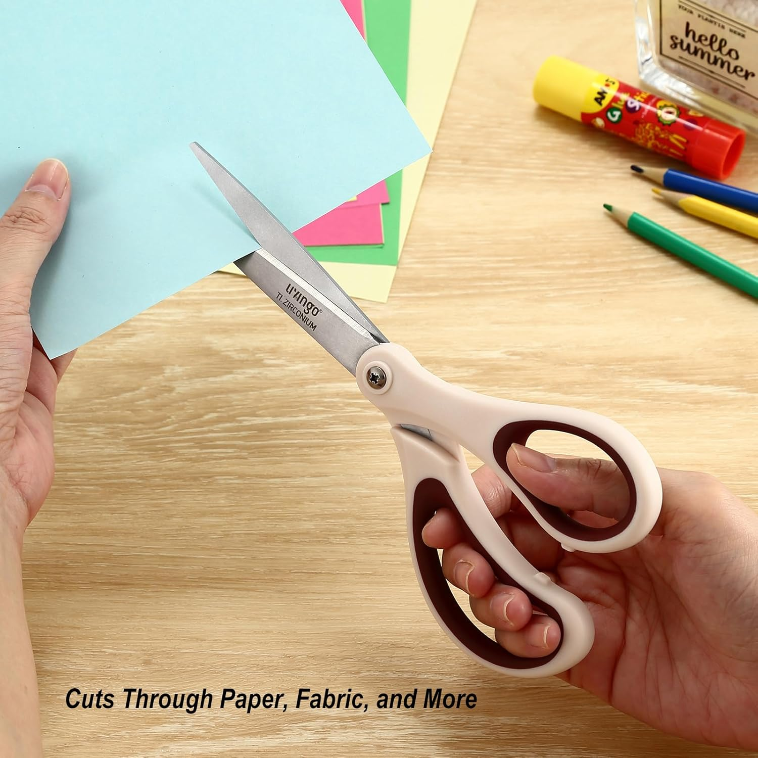 LIVINGO Scissors All Purpose - Titanium Coated Heavy Duty Sharp Stainless Steel Comfortable Shears for Office Home School Cutting Paper Fabric, Blue, White, and Brown, 3 Pieces image number 4