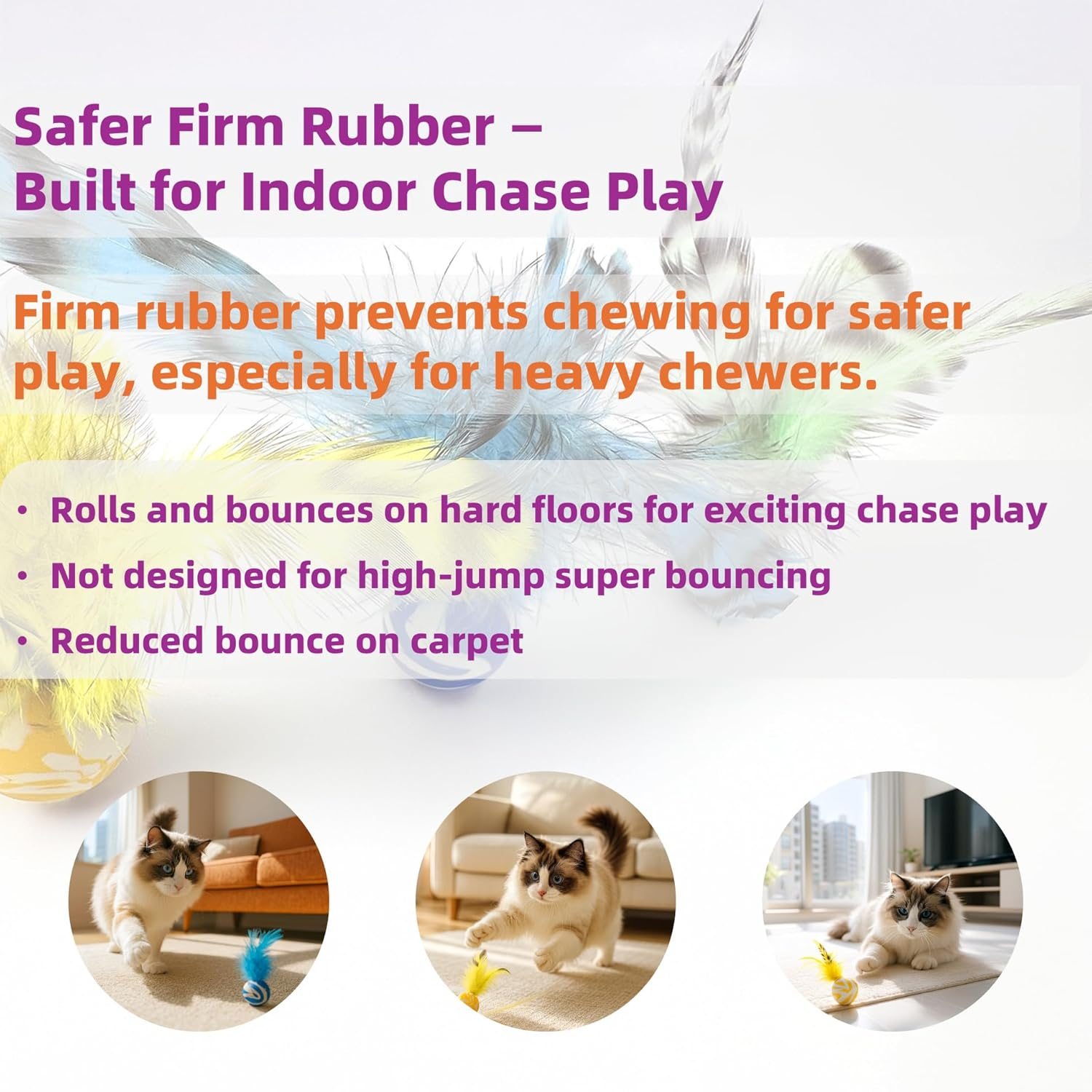 ZAYLUMO Cat Feather Bounce Balls - 5 Pack Interactive Cat Toys with Natural Feathers, Rubber Bouncing Balls for Indoor Cats, Fun Exercise & Hunting Instinct Stimulation, Assorted Colors image number 5