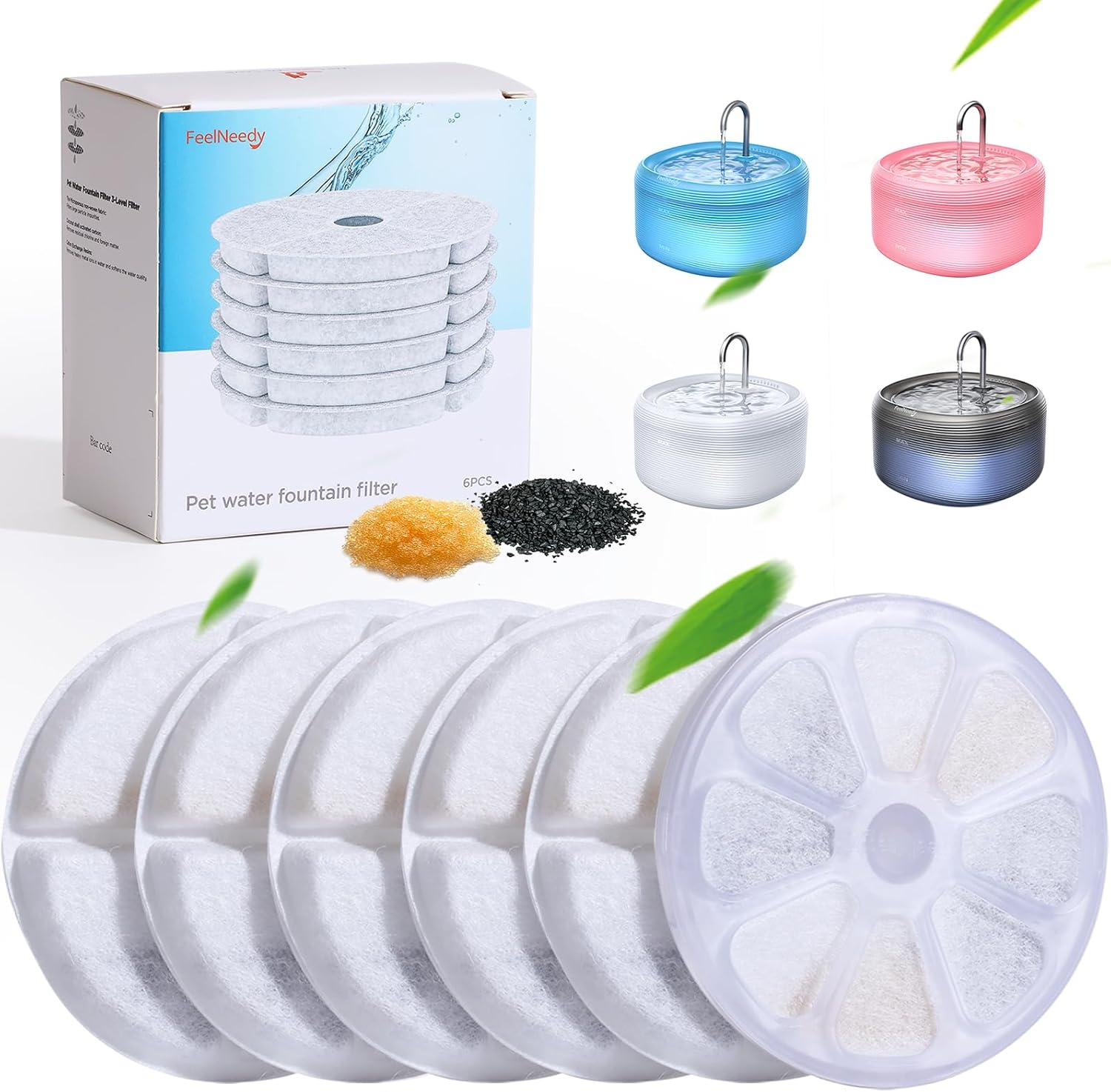 FEELNEEDY 6 Pack Cat Water Fountain Filter & 6 Pack Pump Filter Sponges Replacement, Pet Water Fountain Filter for 108 Fl Oz/3.2L Cat Water Fountain FN-W06 (6 Pack Filters) image number 5