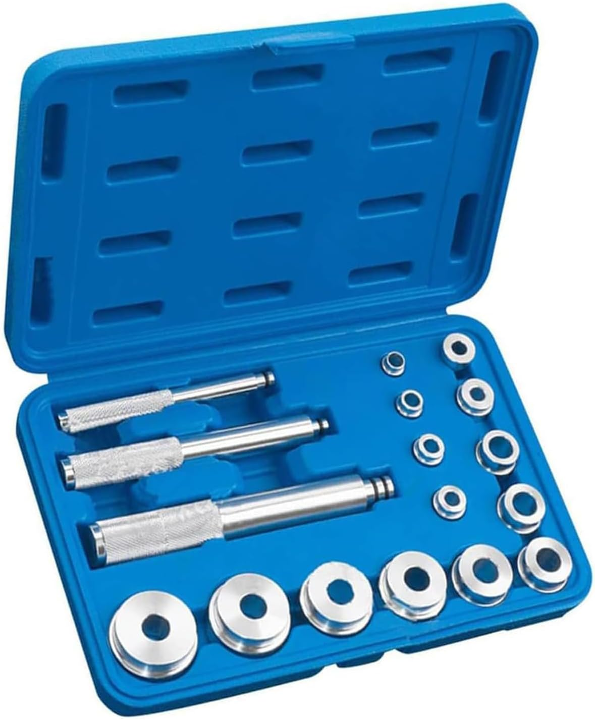 Bearing Race and Seal Driver Set, 17Pcs Auto Bearing Race Seal Driver Disc Tool Master Set Wheel Axle Bushing Removal Kit with Blue Carrying Case for Motorbikes, Bikes Wheel Bearings Kit image number 5