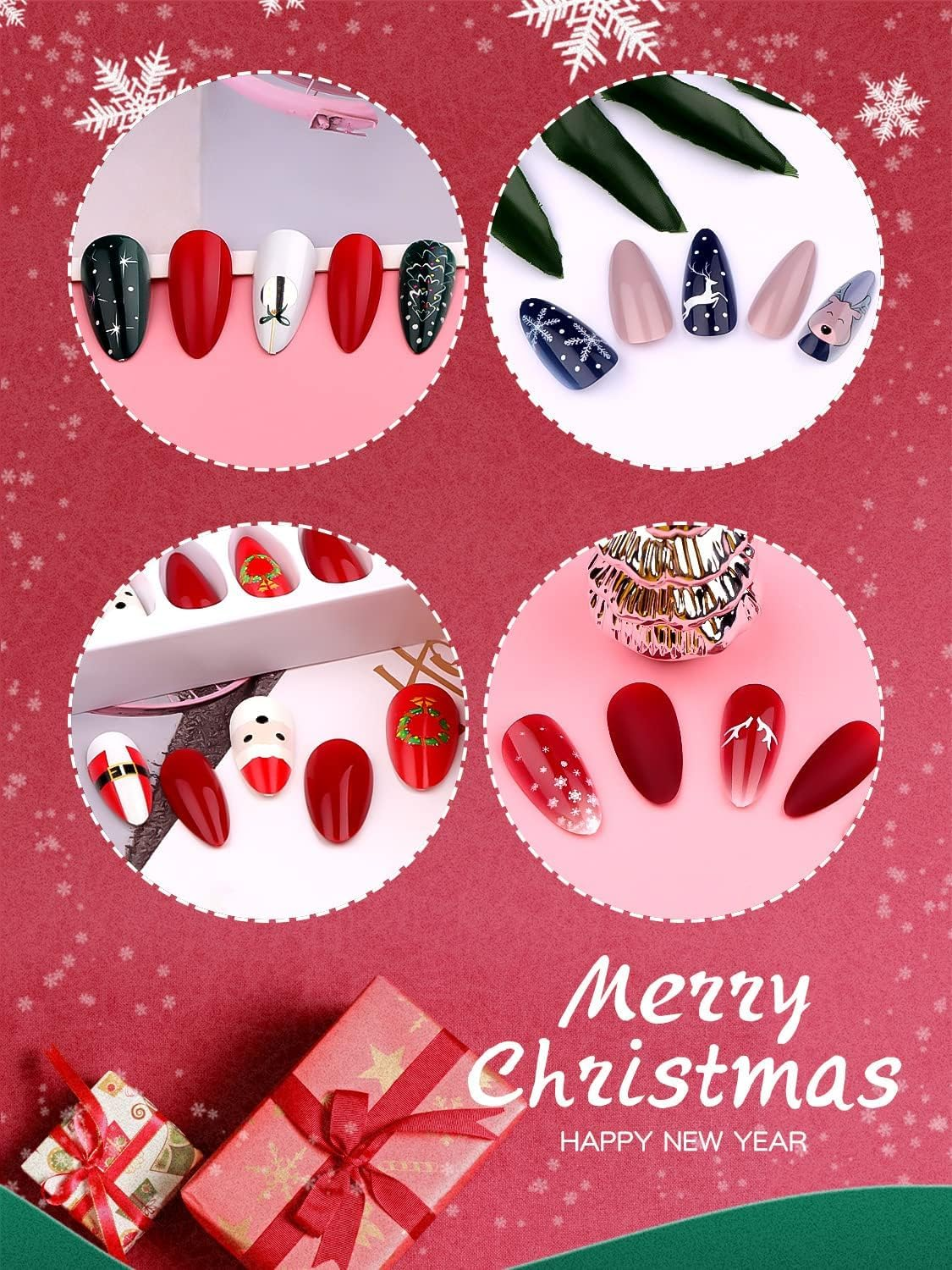 EBANKU 96 Pcs Christmas Fake Nails, Artificial Christmas Press on Nails Reindeer Snowflakes Christmas Trees Full Cover Nail Tips for Women Girls-B - B image number 3