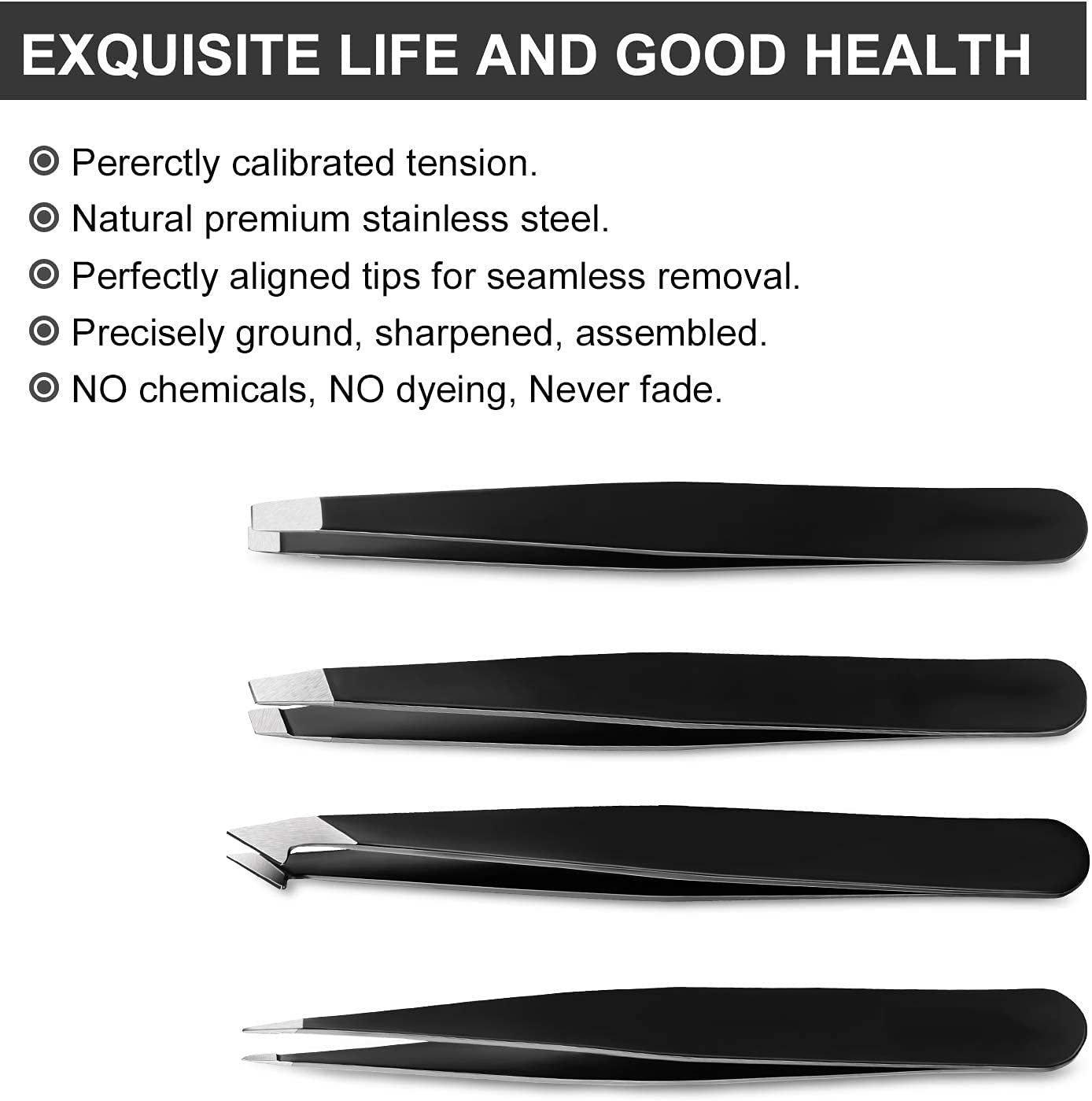 Eyebrow Tweezers Set - 4 Piece Stainless Steel Professional Tweezers for Eyebrows Facial Hair & Ingrown Hair Removal Splinter & Tick Remover False Eyelashes Tools for Men and Women (Black) - Black image number 4