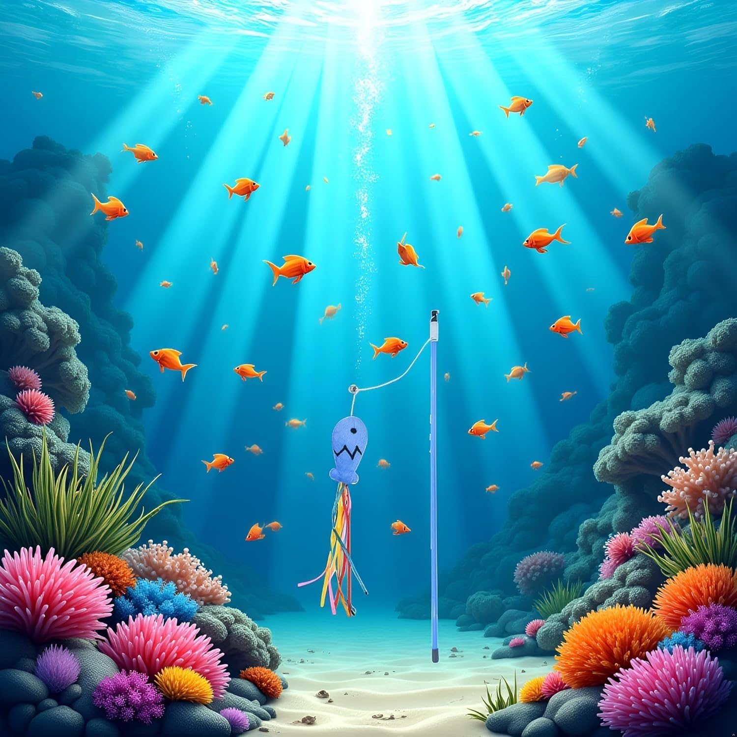 Hehglng Blue Cat Wand Kitten Teaser Stick Portable Teaser Fish Design Safe Colorful Balls Cat Feather Toys image number 5