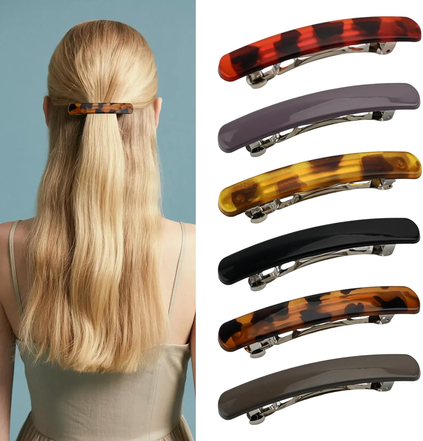 6 PCS Hair Clips Colored 9Cm/3.5" Barrette Tortoise Shell Acetate French Barrettes Hair Clips, Metal Snap-On Hair Pins No Hair Damage, Hair Styling Clips for Girls Women (B)