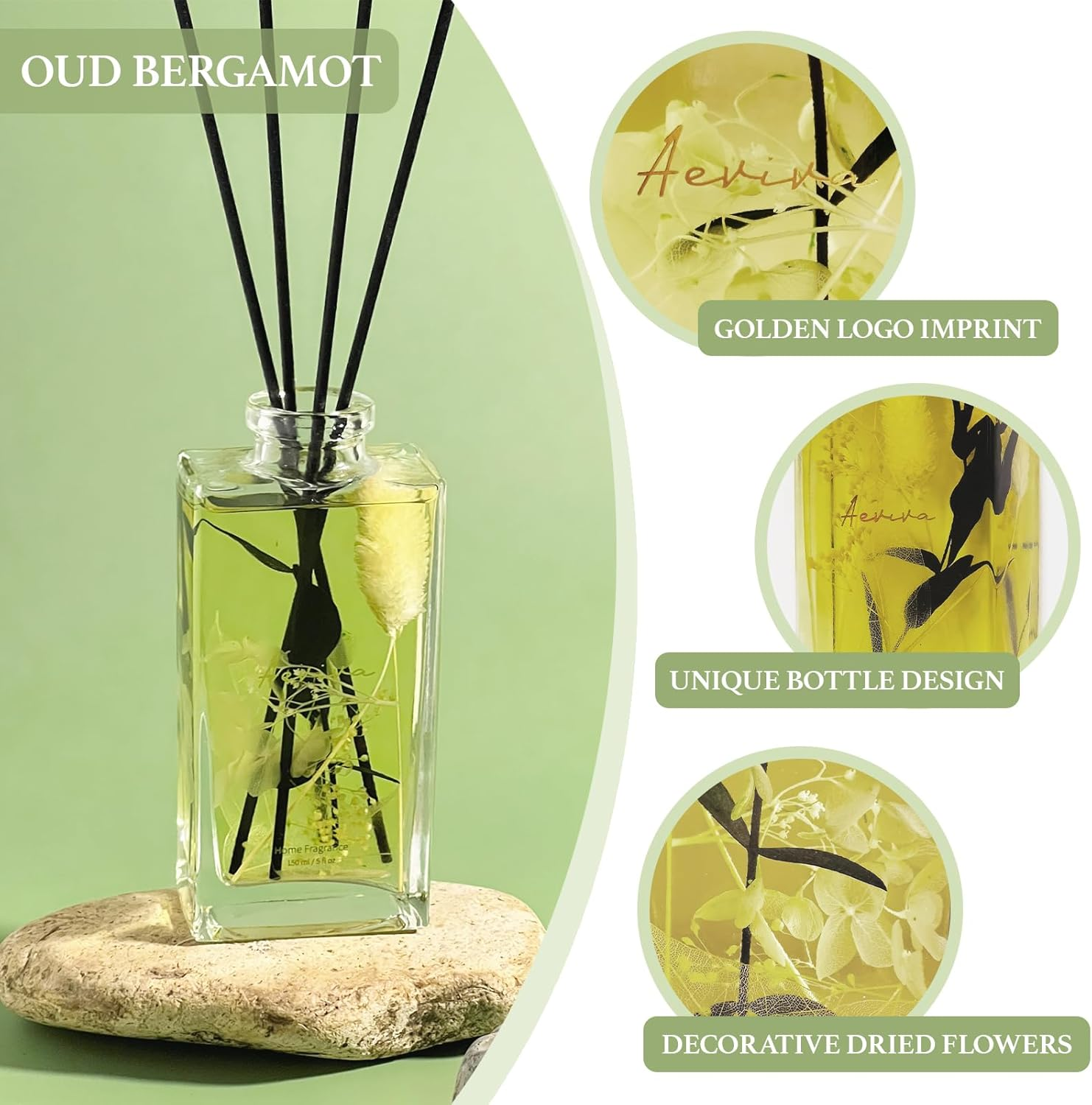 Reed Diffuser Set, 5 Fl Oz Glass Bottle Oud Bergamot Scent Oil Diffuser, Home Fragrance with Reed Sticks for Bedroom, Office, Bathroom Shelf Decor & Gifts image number 1