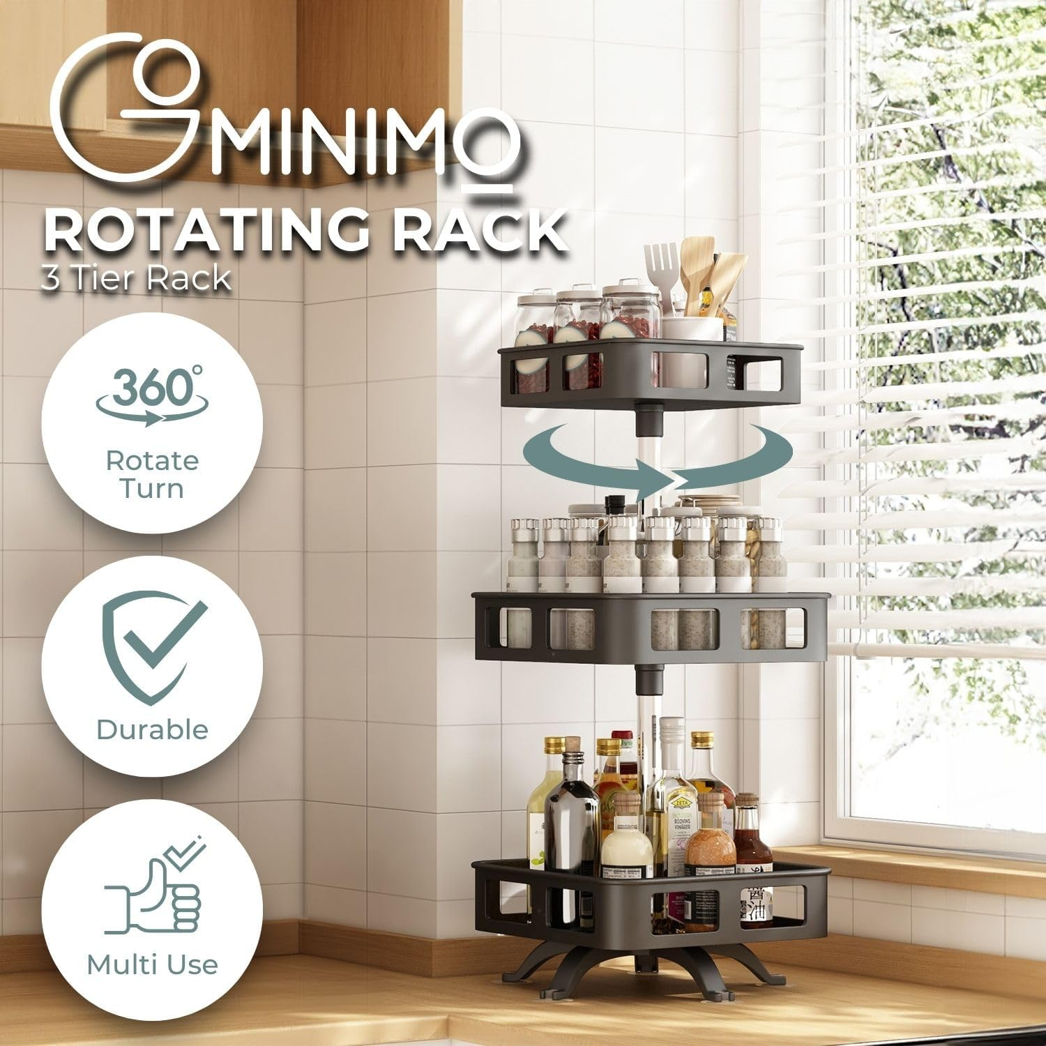 Gominimo Spice Rack 3 Tier Rotating Square Shape, 360&deg; Rotation, Multi-Layer Spice Rack Organiser, Rust-Resistant, Adjustable Carbon Steel Tray, Easy to Clean, Black