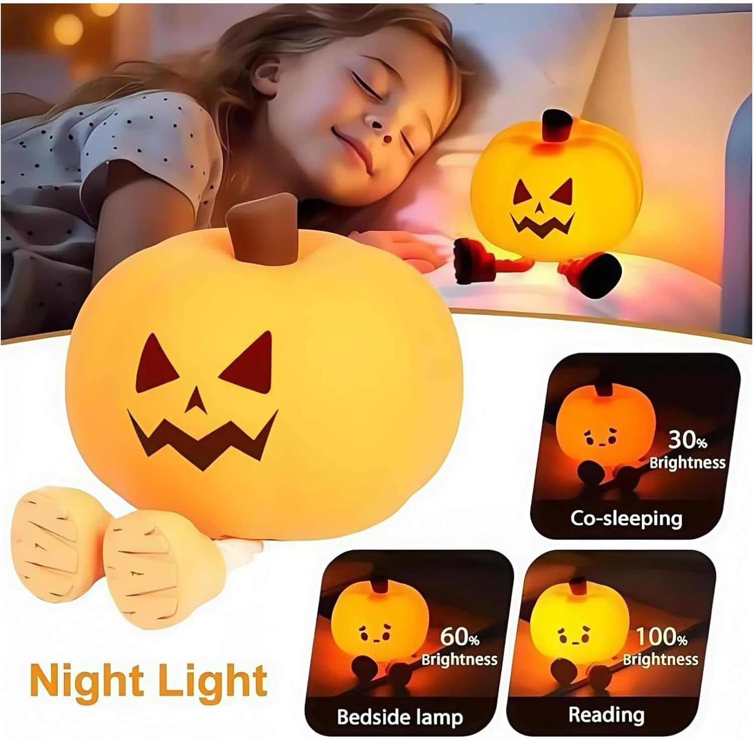 Mischievous Grinning Pumpkin Night Light, Cute Halloween Pumpkin Night Light, Soft Silicone Bedside Touch Lamp with 3 Level Dimmable, Halloween Pumpkins Nights Lights (Style A)