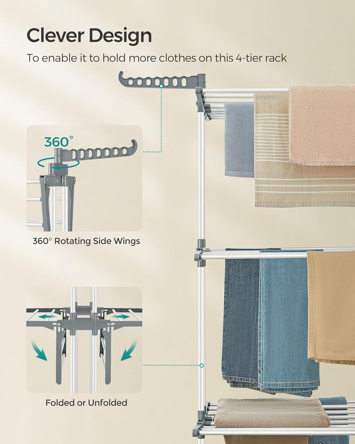 SONGMICS Clothes Drying Rack Stand 4-Tier, Foldable Laundry Drying Rack 67.7-Inch Tall, Stainless Steel, Rolling Clothes Horses Dryer Rack, Easy to Assemble, Indoor Outdoor Use, White ULLR701W01 image number 5