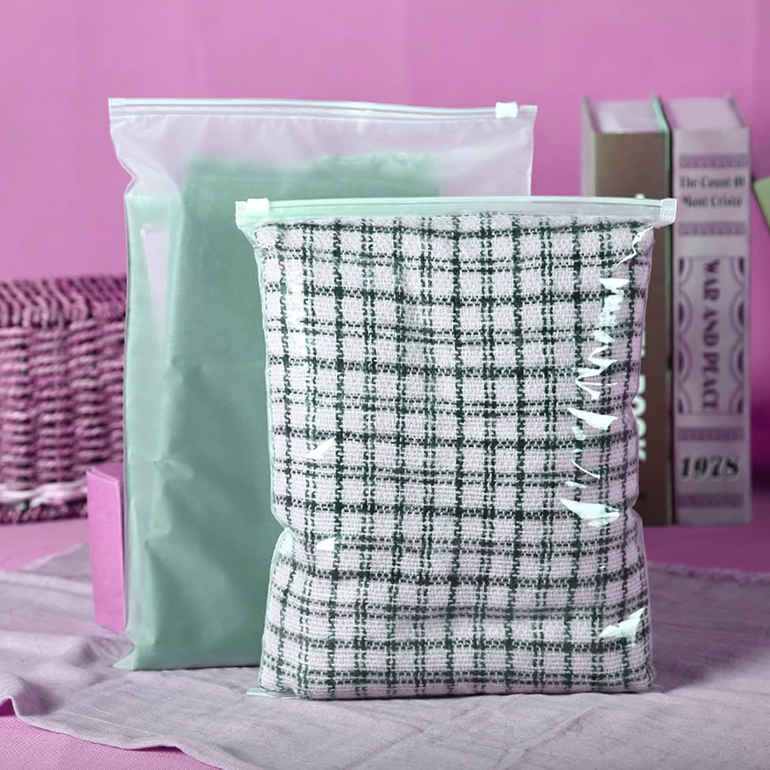 50Pcs Packaging Bags Frosted Bag Zipper Plastic Bag Poly Bags Resealable Slider Closure Storage Bag Pouch for T Shirts Clothes Make up Shipping Organizer QIUNI