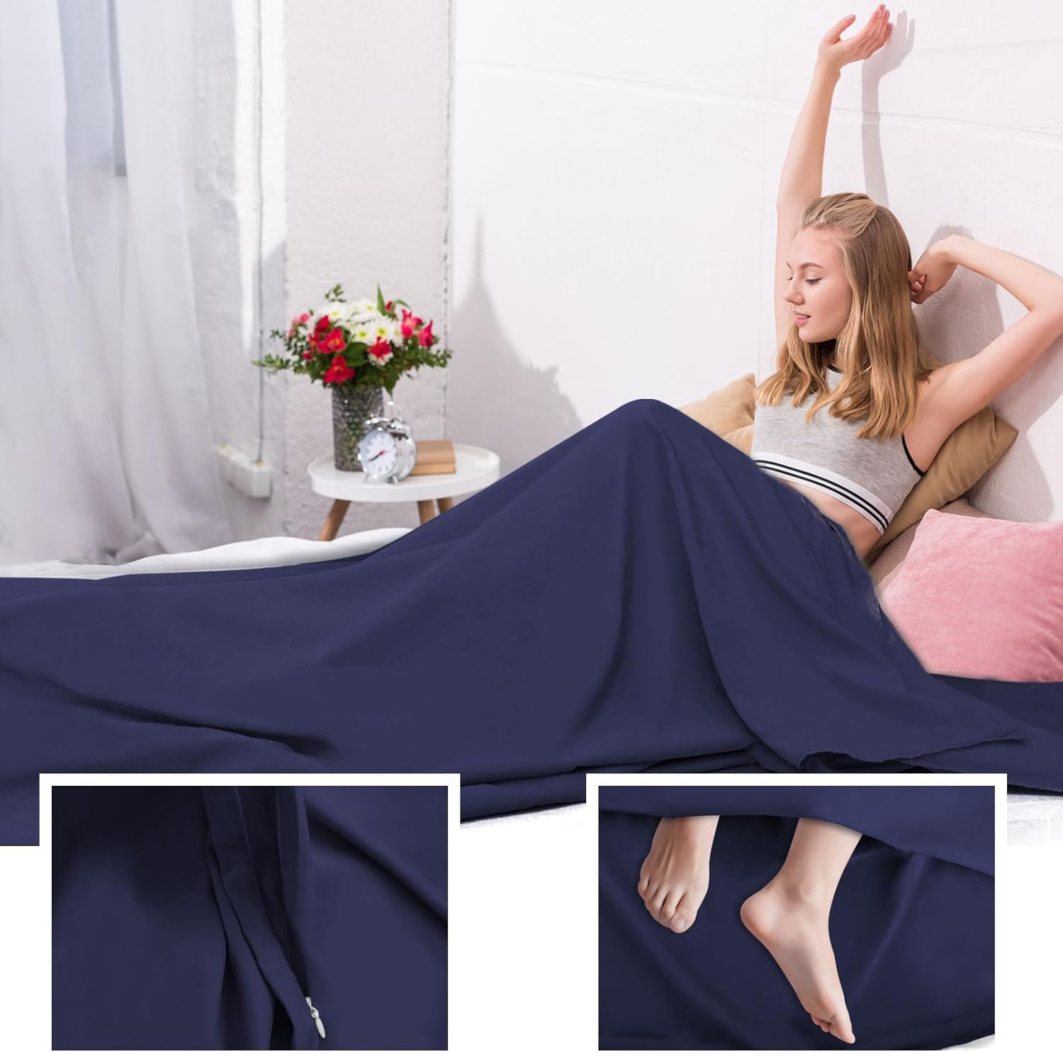 Sleeping Bag Liner,Travel Sheet & Adult Sleep Sack, Camping Sheets Travel Sleep Sack for Backpacking,Hotels & Hostels -Lightweight Single &Double Travel Sheet Camping Sheets - Double Gray image number 4