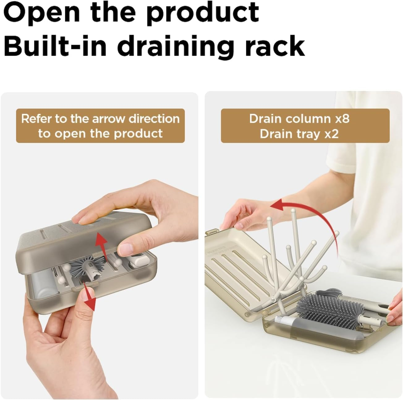 Travel Bottle Brush Set, Auto-Open Rack & Vertical Brushs Drying Slots, 3 Brushes, Foldable Drying Rack, Dispenser, Travel Baby Essentials for On-The-Go Parents, Coffee 1Set image number 3