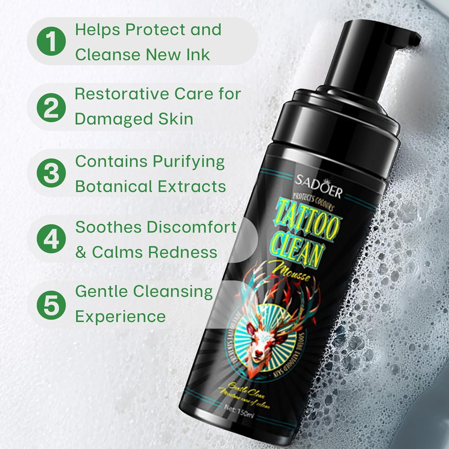 VRAIKO SADOER Tattoo Soap, Aftercare Foam Cleanser for Tattoo Wash, 150Ml Cleaning Soap with Olive Oil & Centella Asiatica for New Tattoos & Piercings Essential Tattoo Supplies image number 6