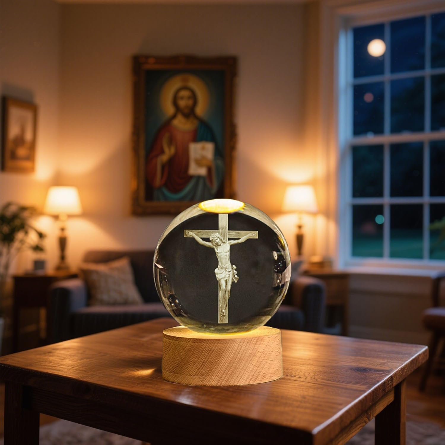 3D Crystal Ball Cross Night Light Desk Table Lamps, with Glowing Base, Laser Engraved Praying in Hand Crucifix Easter Decoration Christian Catholic Religious Gifts (Jesus Cross) - Biblical Cross image number 4