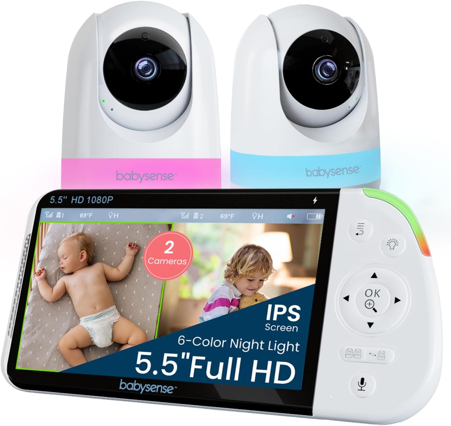 Babysense Full HD Split-Screen Baby Monitor with 2 PTZ Cameras, Two-Way Talk, 6-Color Night Light, 5000Mah Battery, Long Range, 4X Zoom, and Crystal-Clear Audio