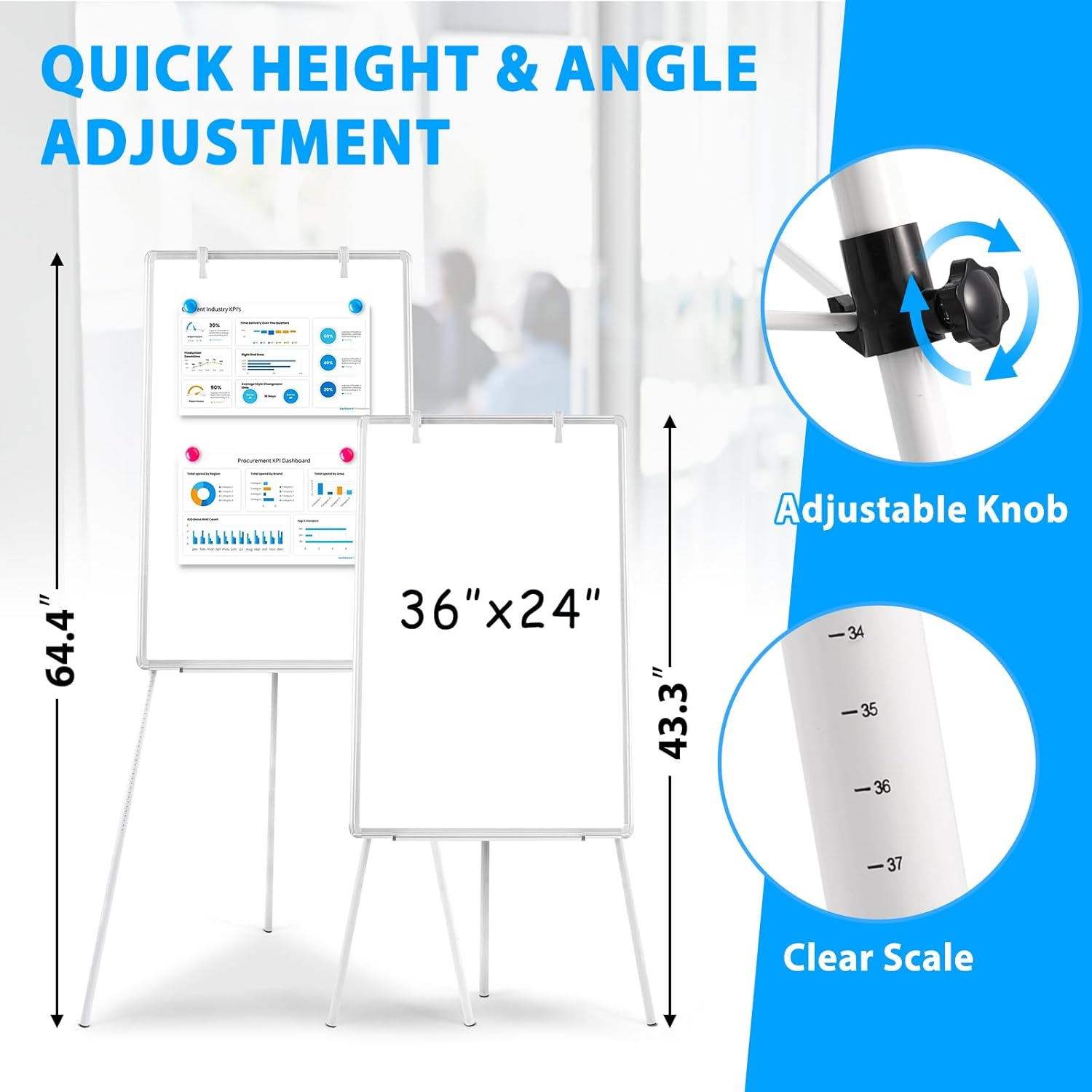 QUEENLINK Magnetic Whiteboard Easel, 60 X 90 Cm Height Adjustable Whiteboard with Stand, Large Aluminium Frame White Board for Teaching, Flipchart Standing Writing Board for Office, Home
