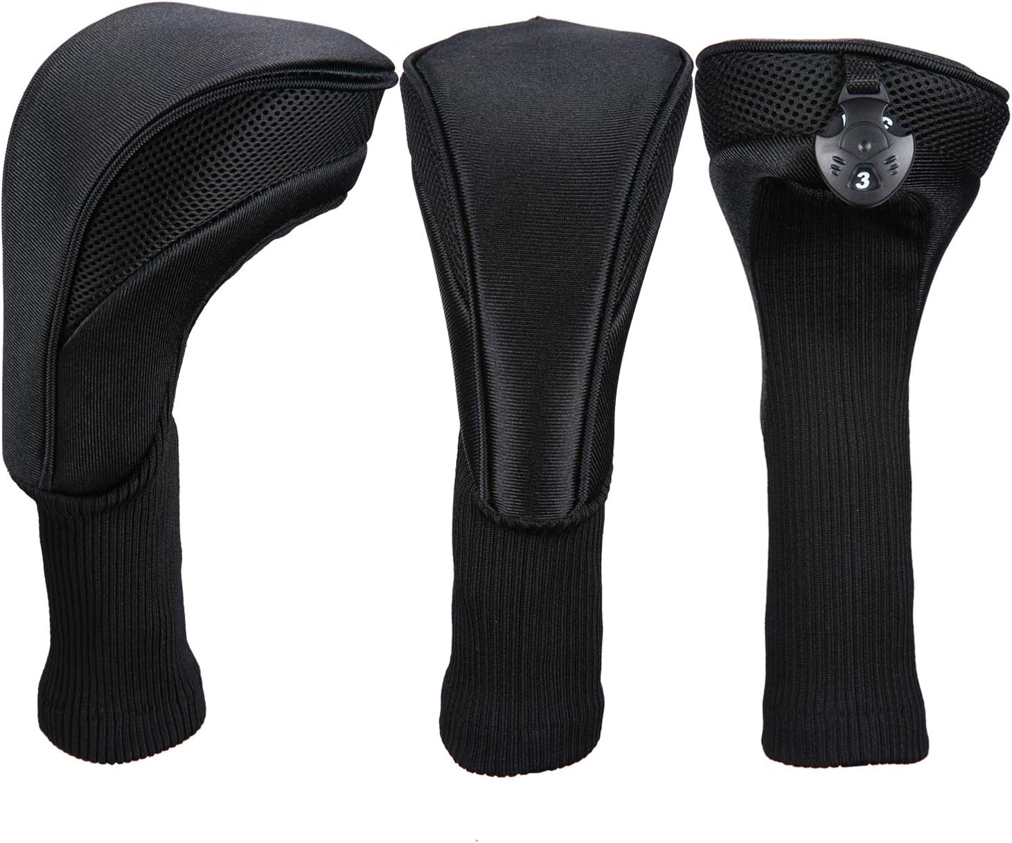 Black Golf Club Head Cover for Driver Fairway 3 Pcs Woods Headcovers, Golf Accessories Hybrid Head Covers Set with Interchangeable Tags 3 4 5 7 X