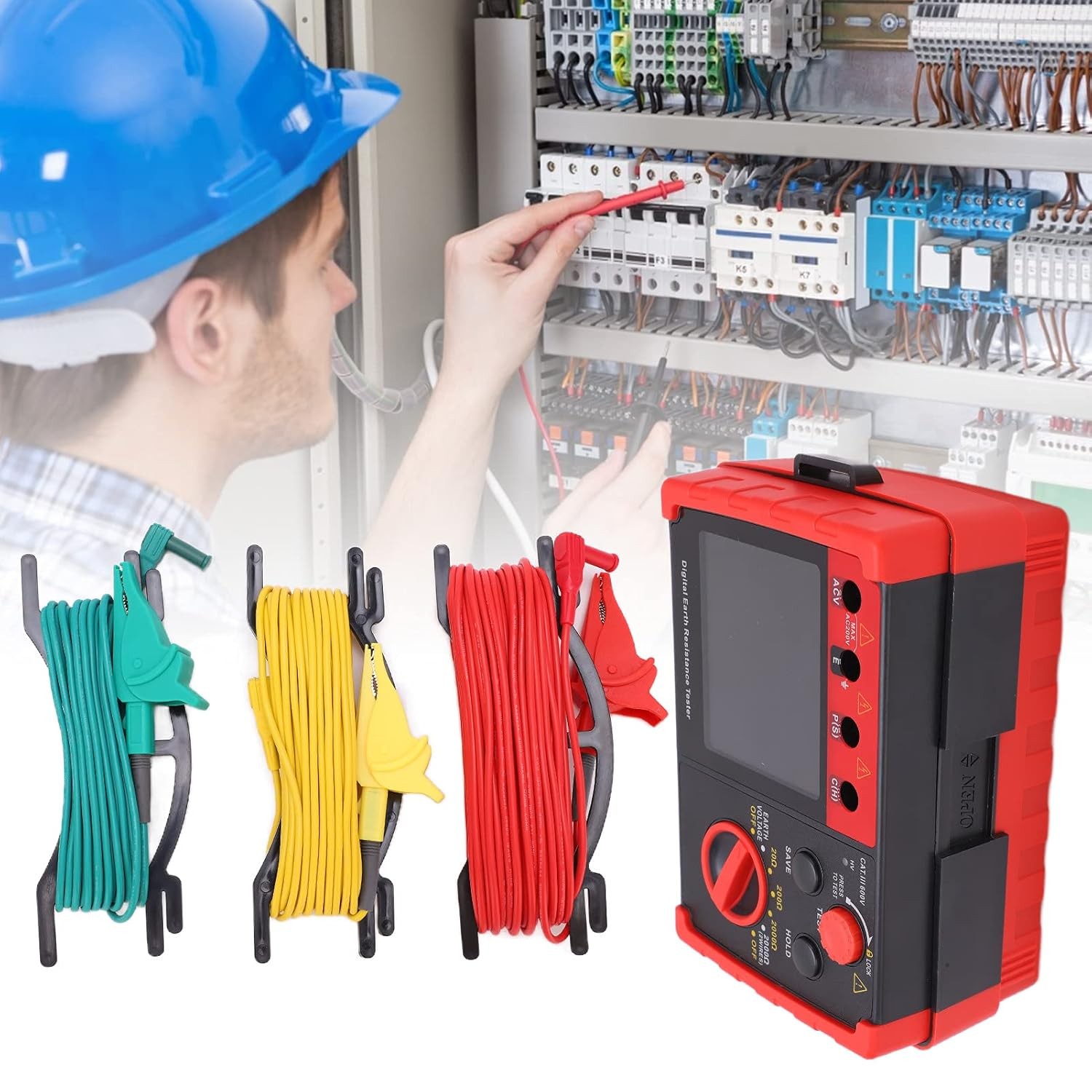 Earth Ground Resistance Tester Meter, 2000&Omega; Digital Ground Earth Resistance Meter with LCD Display & Storage Case, Professional Insulation Resistance Tester Kit for Electrical Equipment image number 1