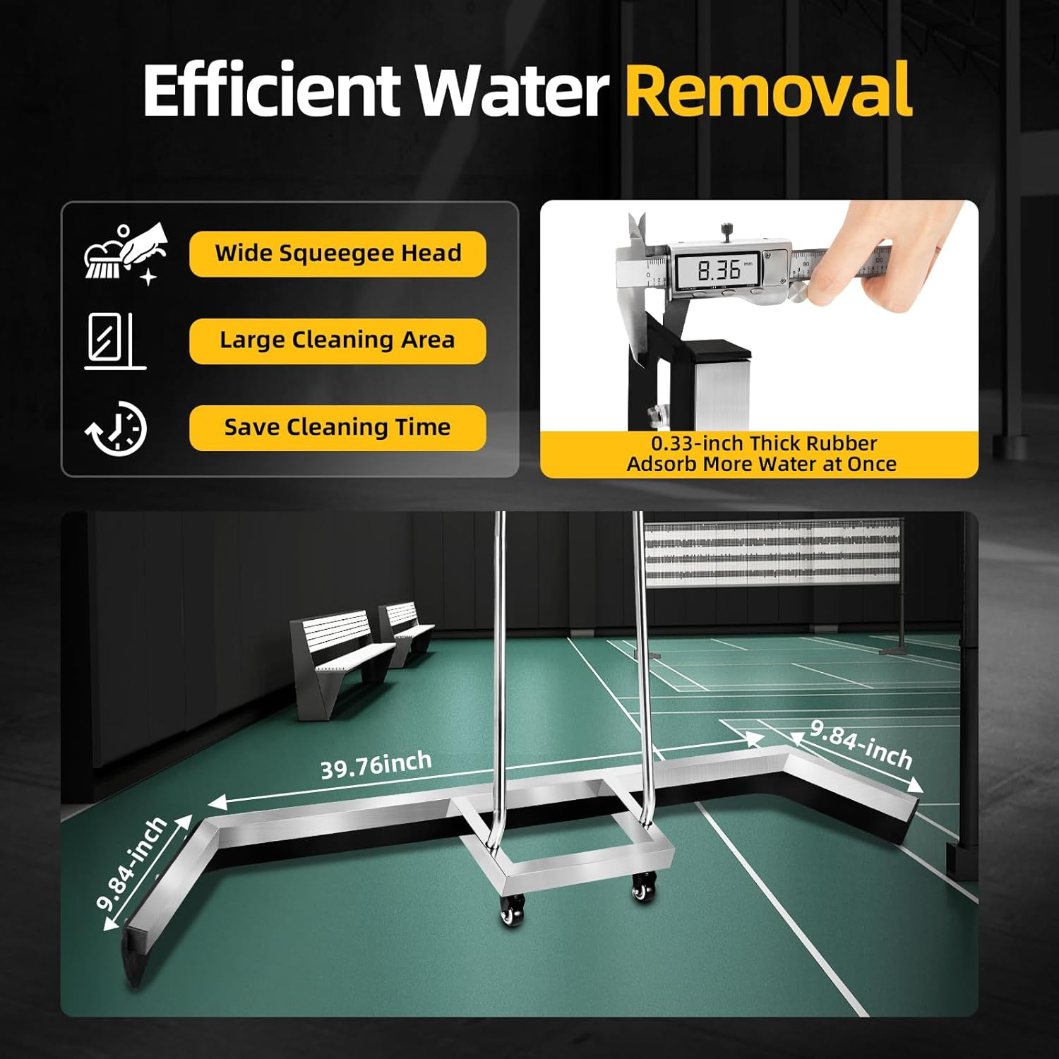 Tennis Court Squeegee, Aluminium Rain Shuttle Sweeper Squeegee Broom with Handle and Wheels, Professional Sports Surface Water Wiper with EVA Foam Blade image number 6